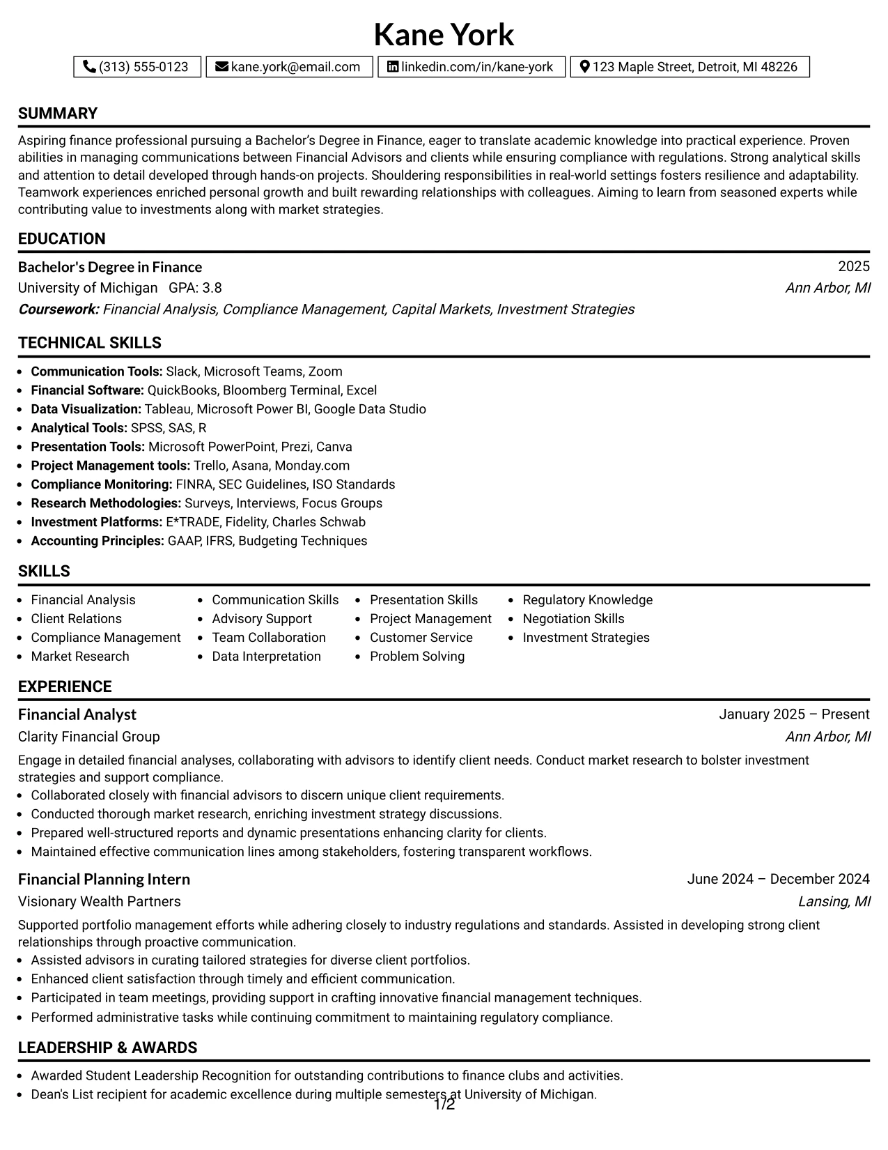 Resume Example Page 1