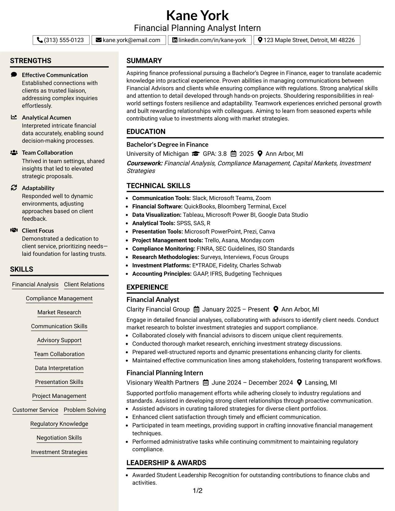 Resume Example Page 1