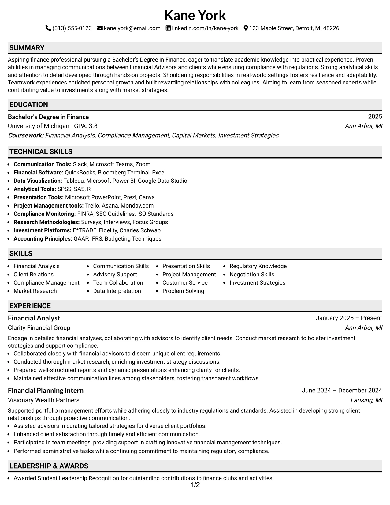 Resume Example Page 1