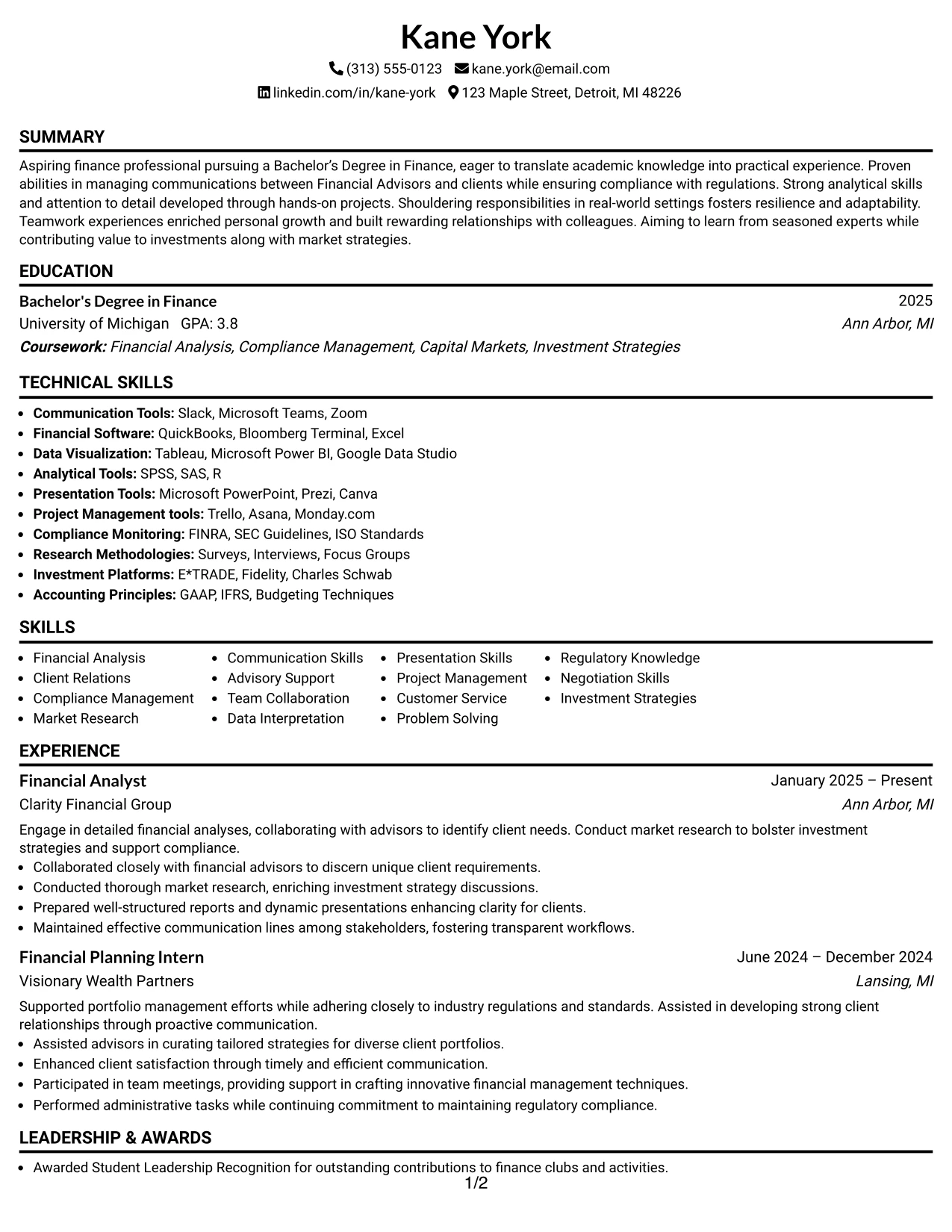 Resume Example Page 1