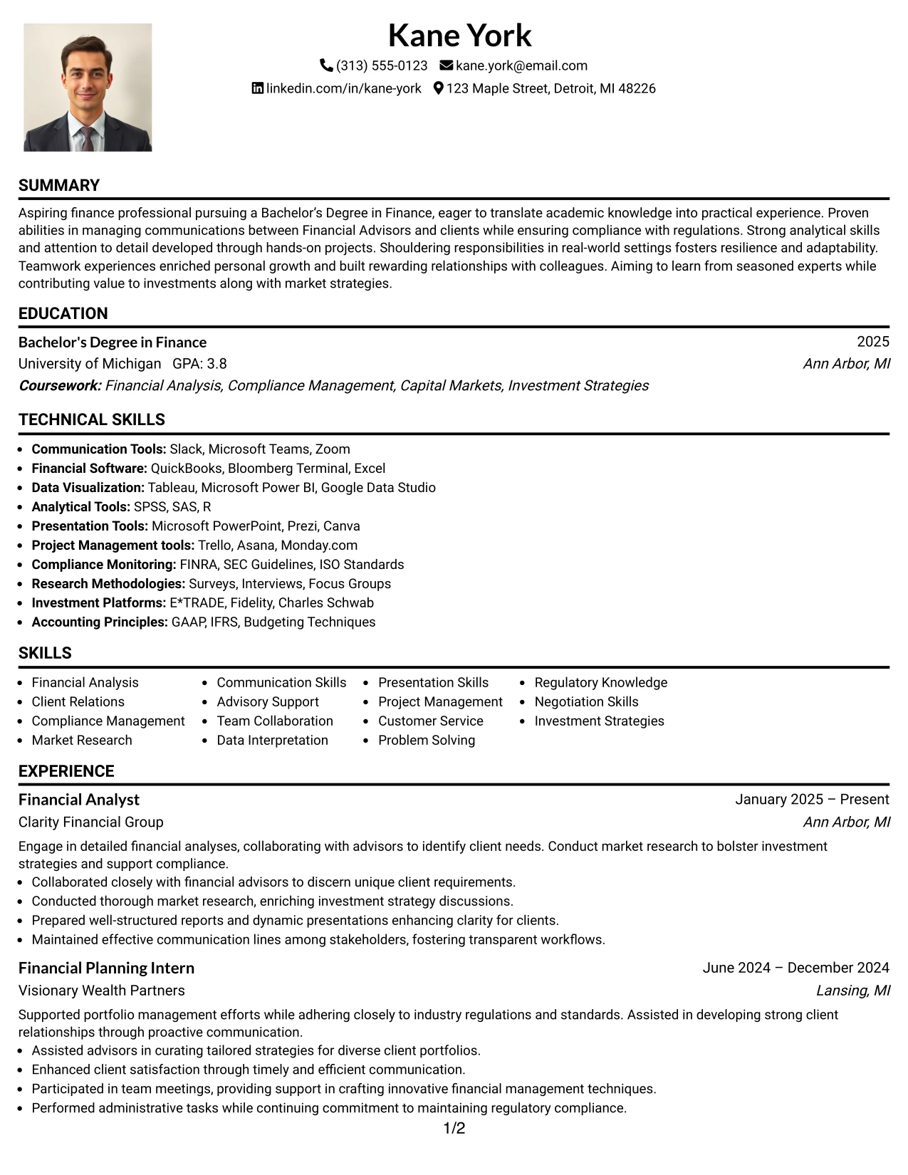 Resume Example Page 1