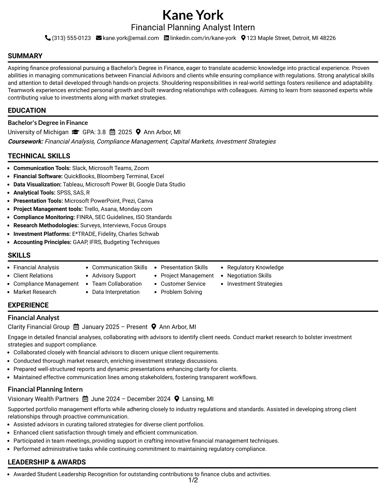 Resume Example Page 1