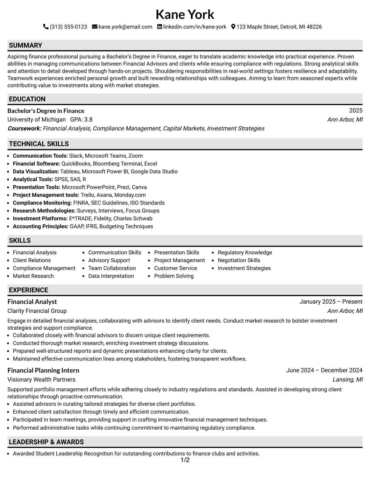 Resume Example Page 1