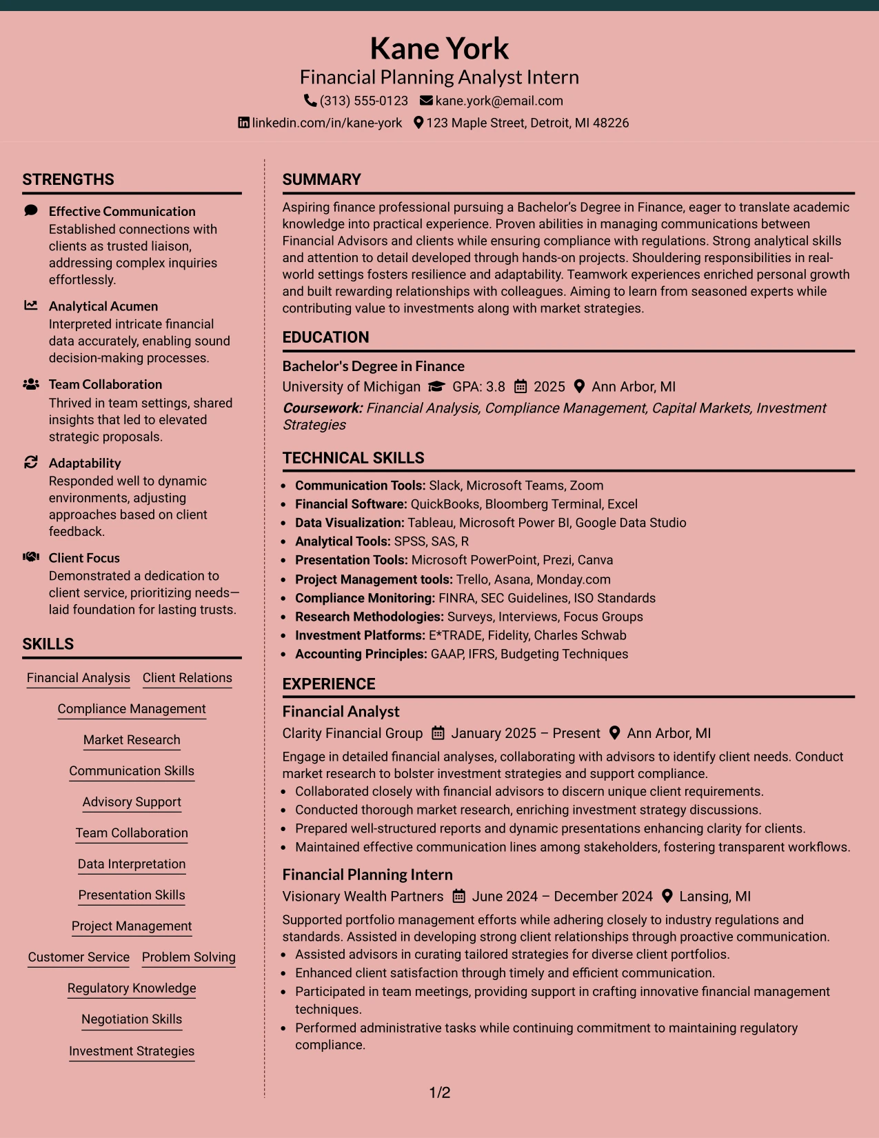 Resume Example Page 1