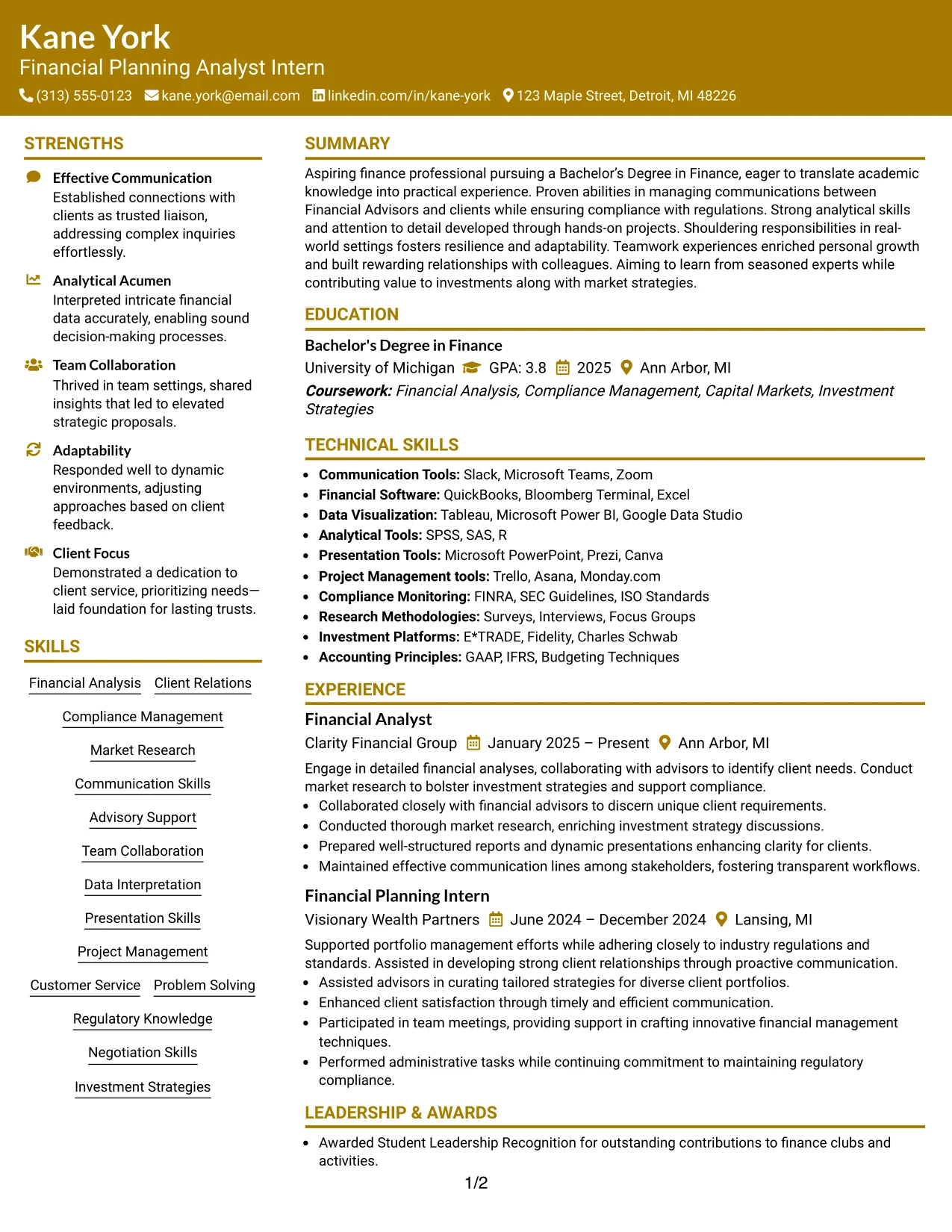 Resume Example Page 1