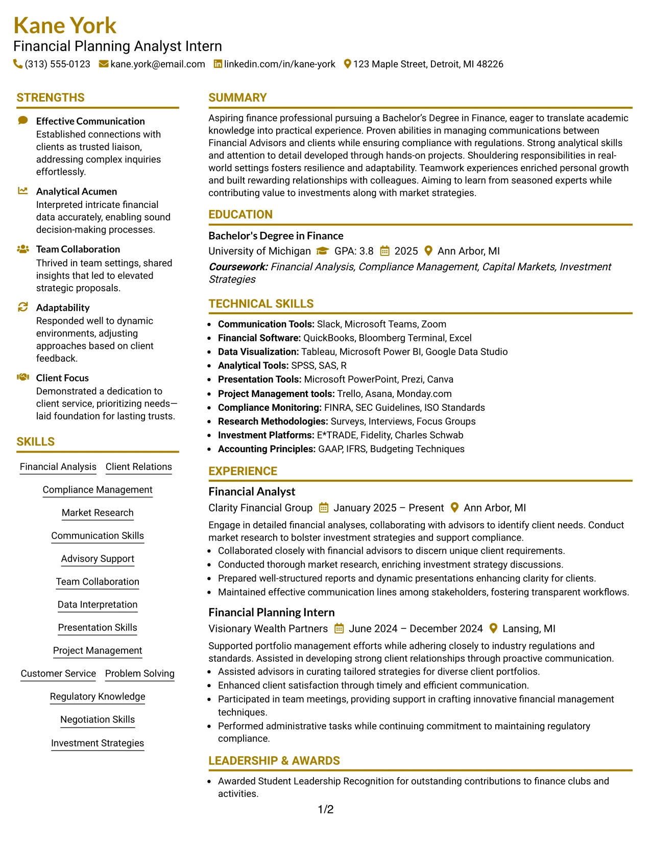 Resume Example Page 1