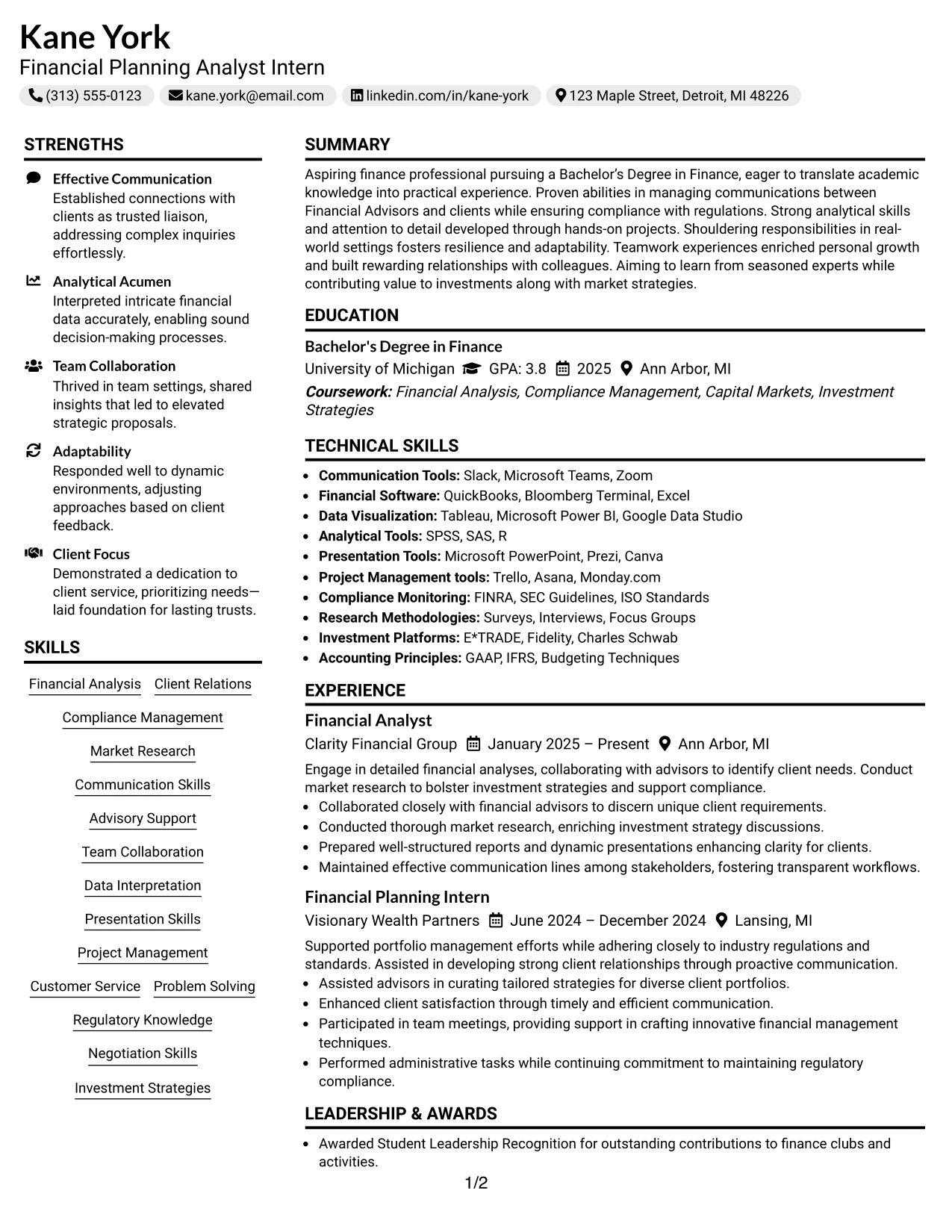 Resume Example Page 1
