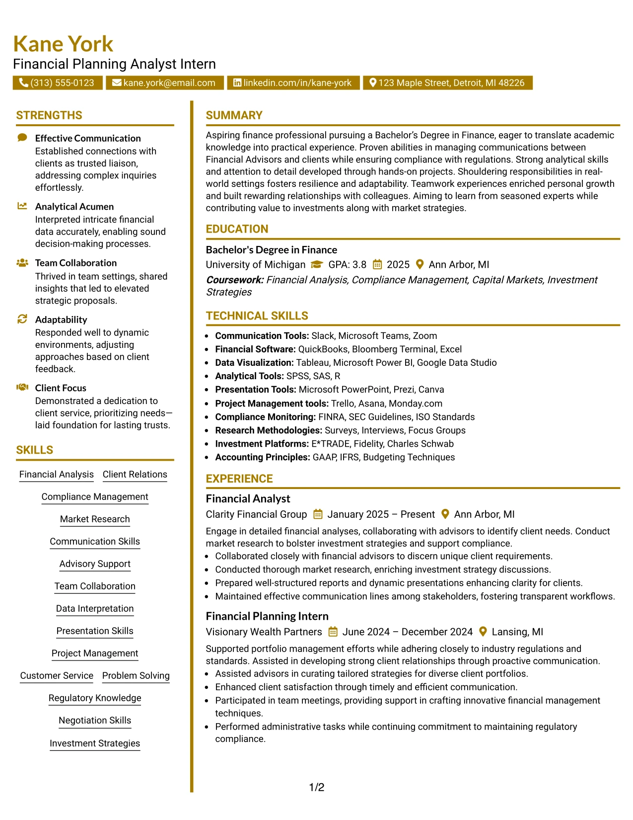 Resume Example Page 1