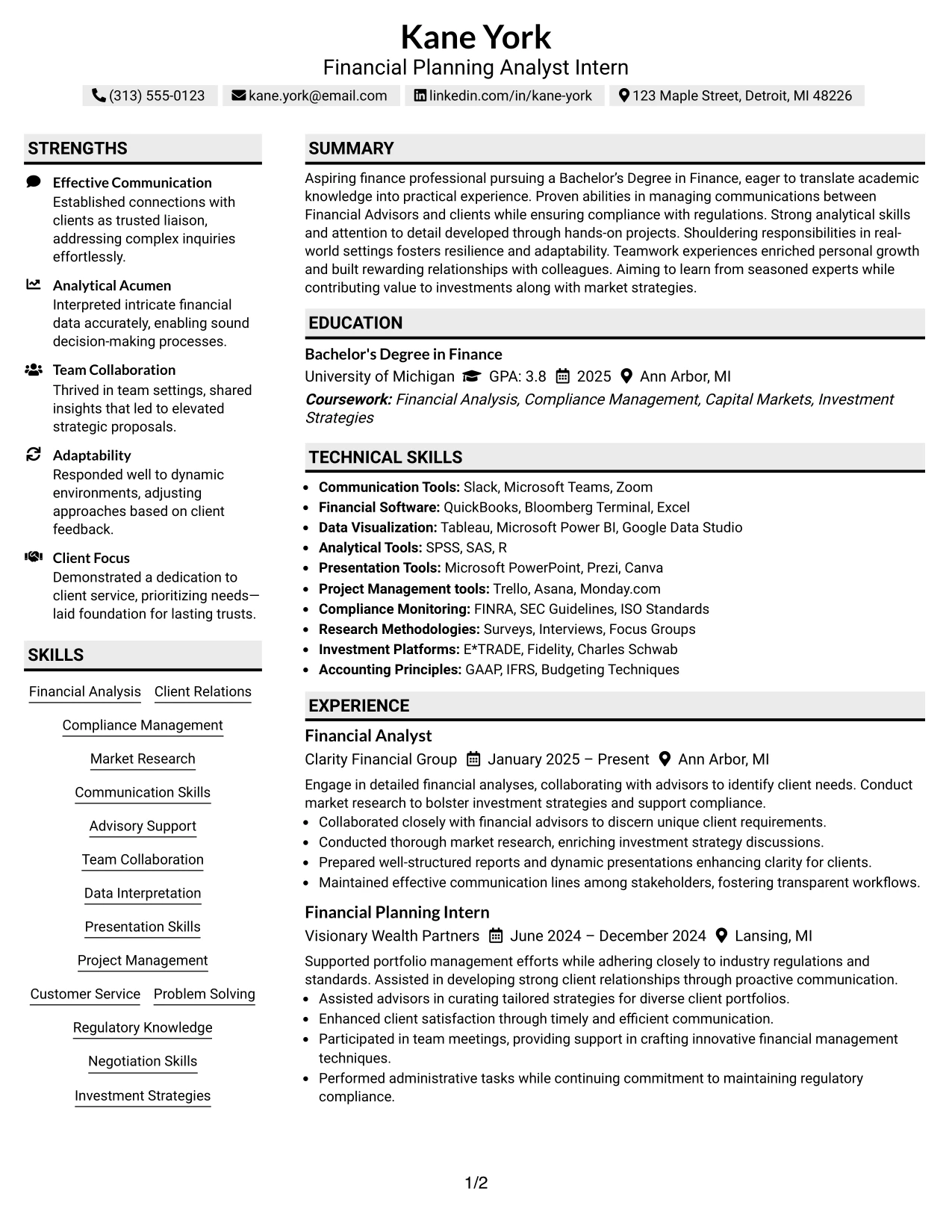 Resume Example Page 1