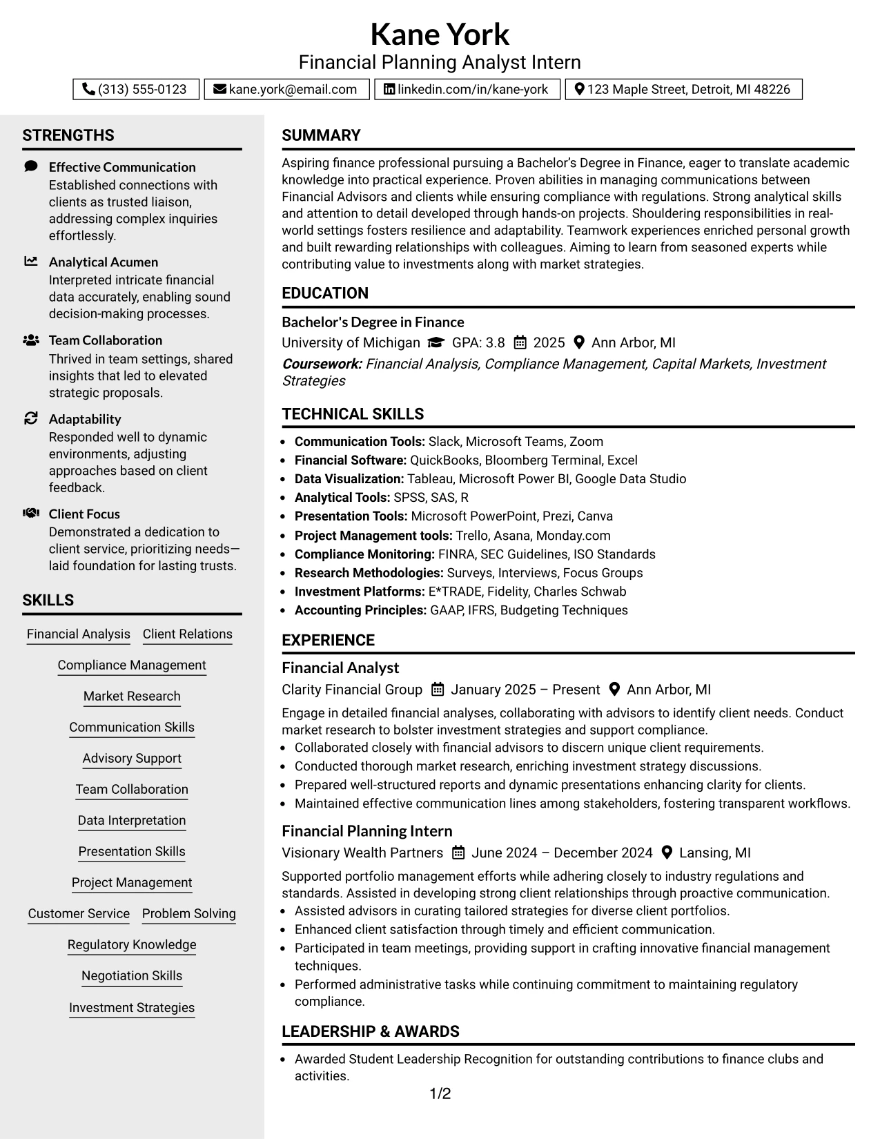 Resume Example Page 1