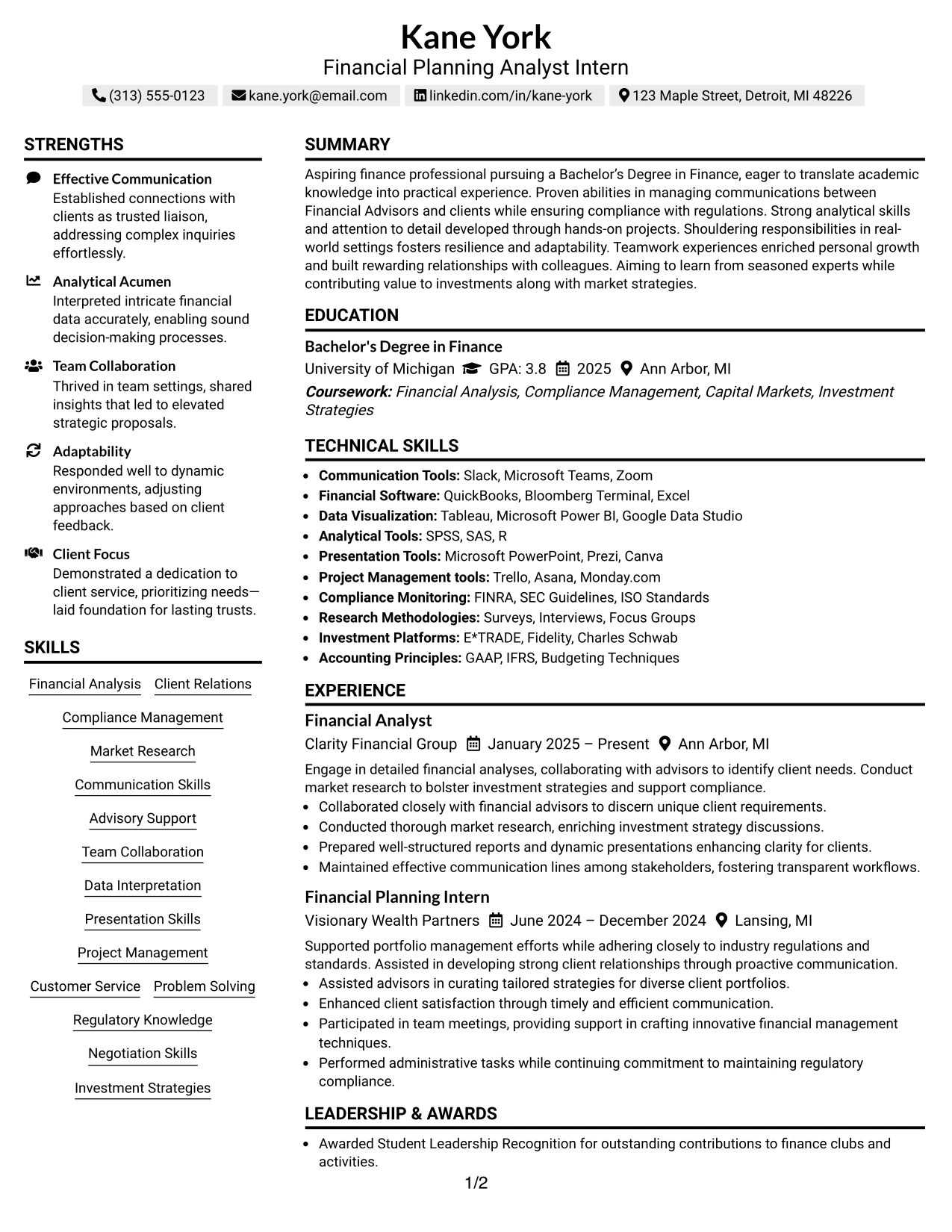 Resume Example Page 1