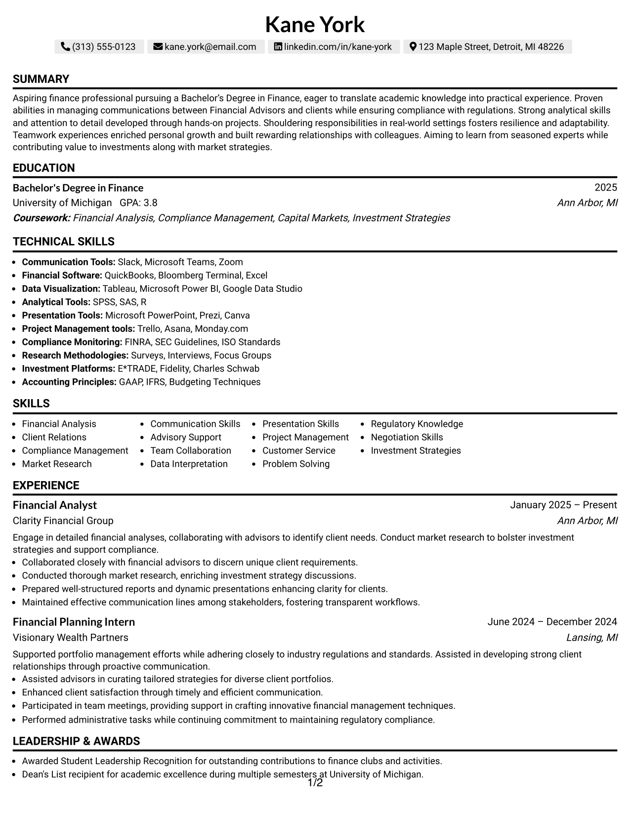 Resume Example Page 1
