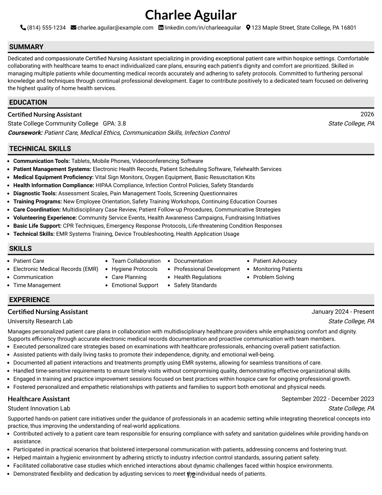 Resume Example Page 1