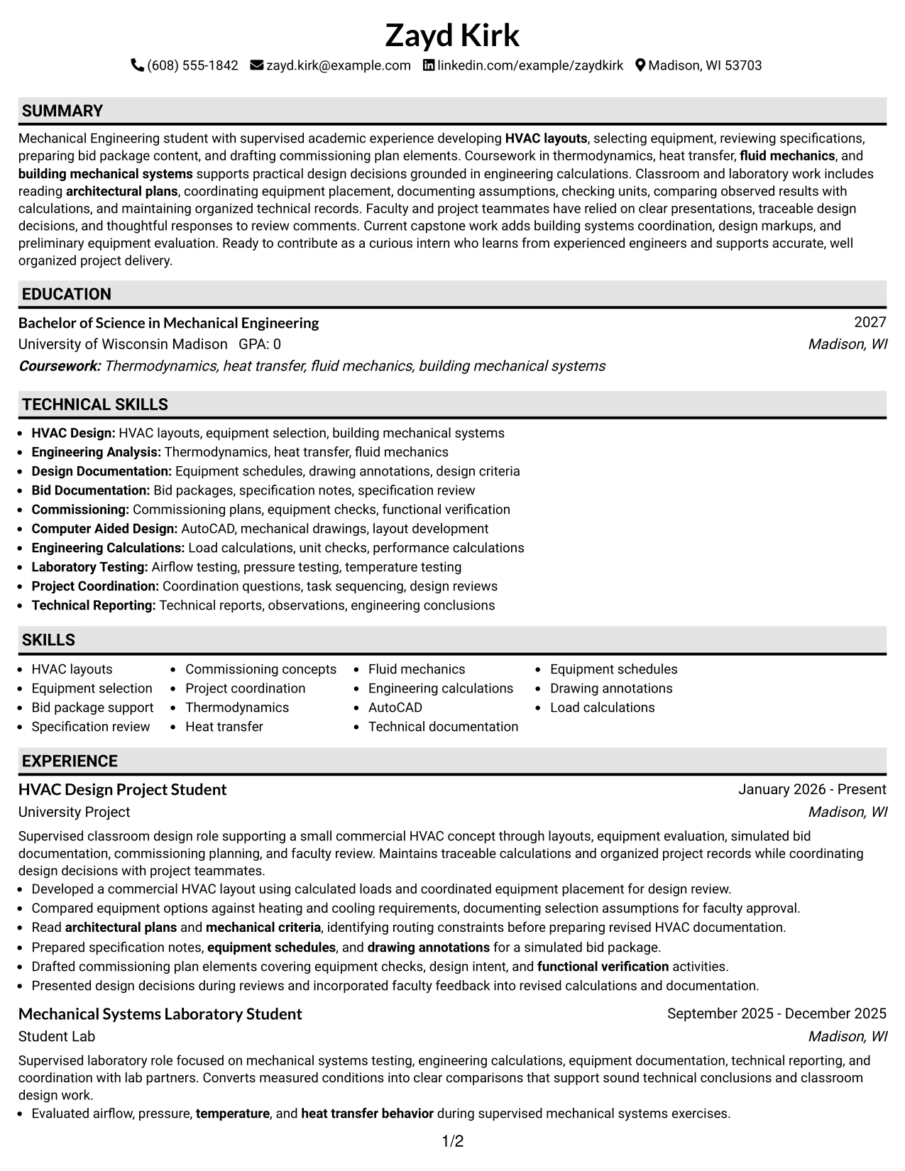 Resume Example Page 1
