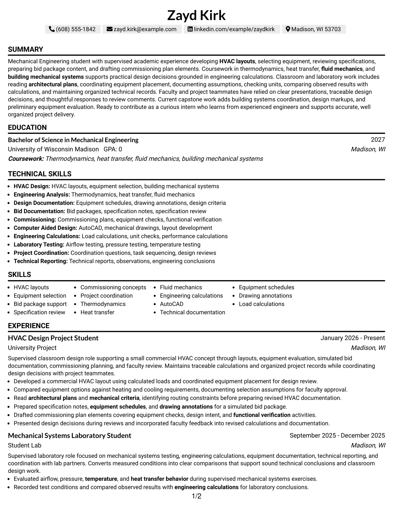 Resume Example Page 1