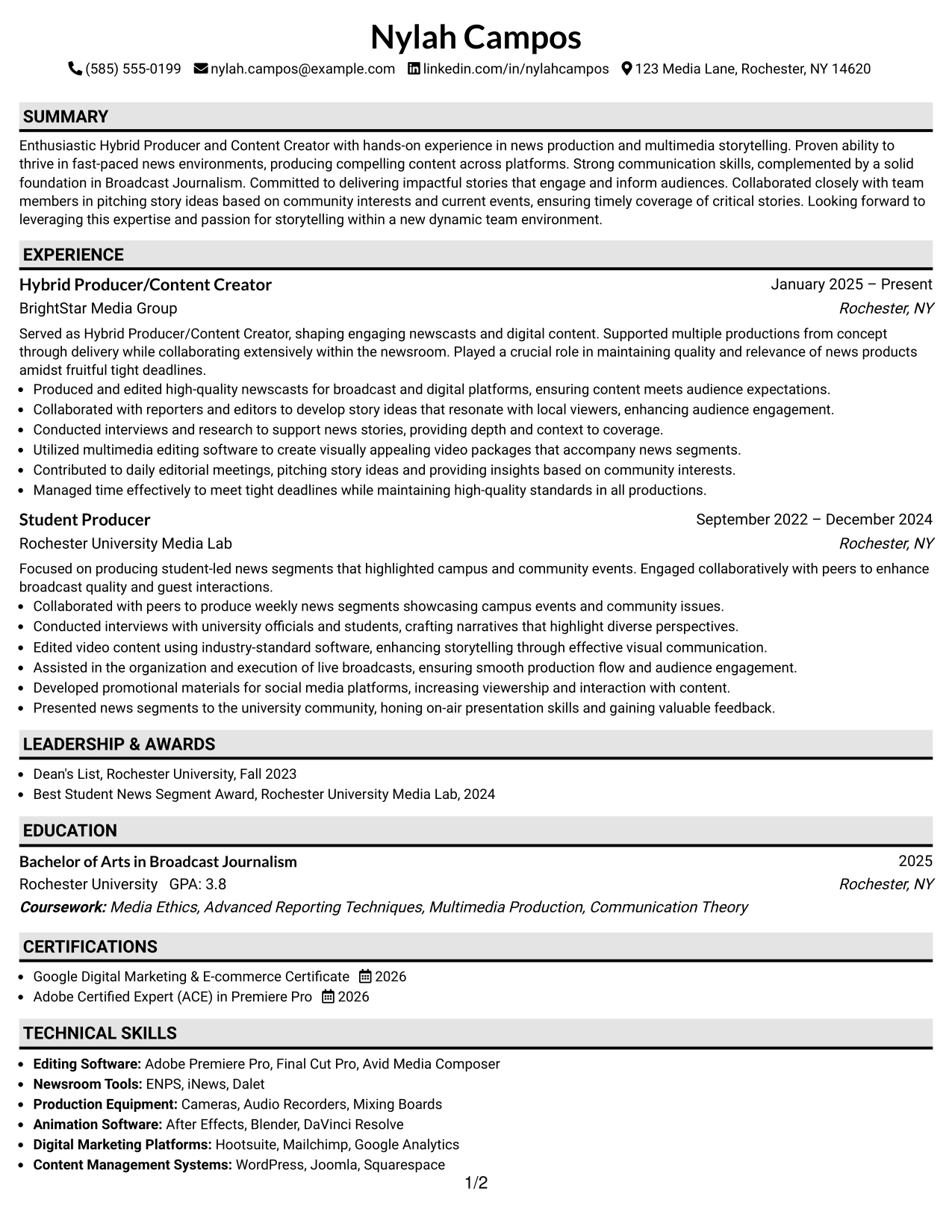 Resume Example Page 1