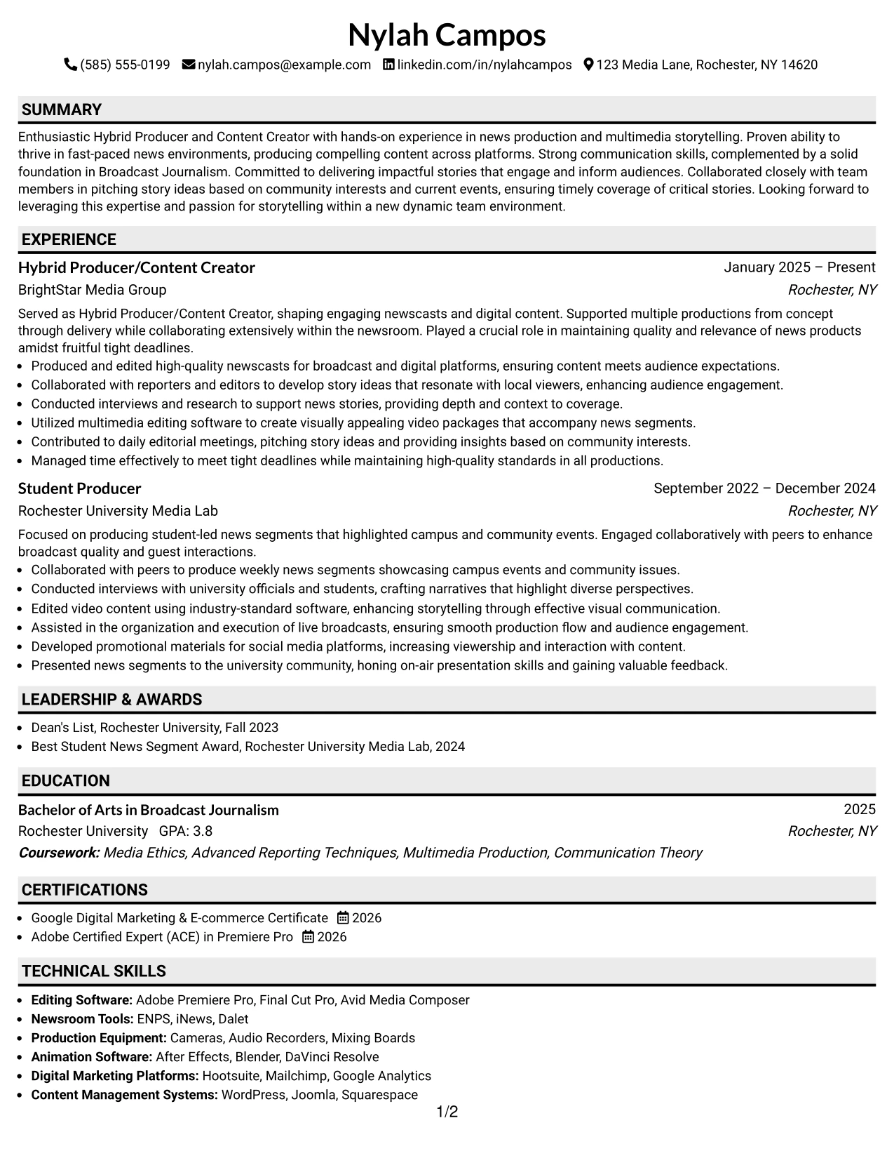 Resume Example Page 1