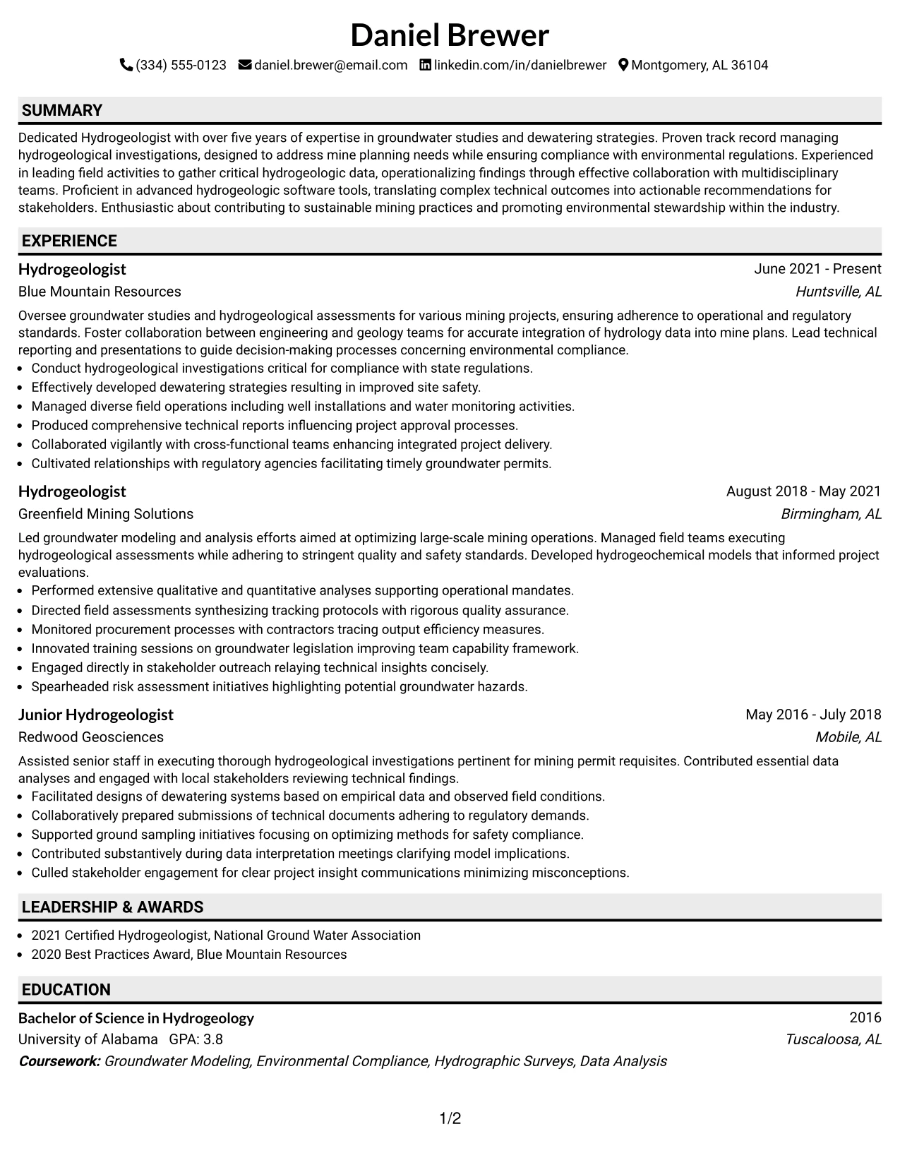 Resume Example Page 1