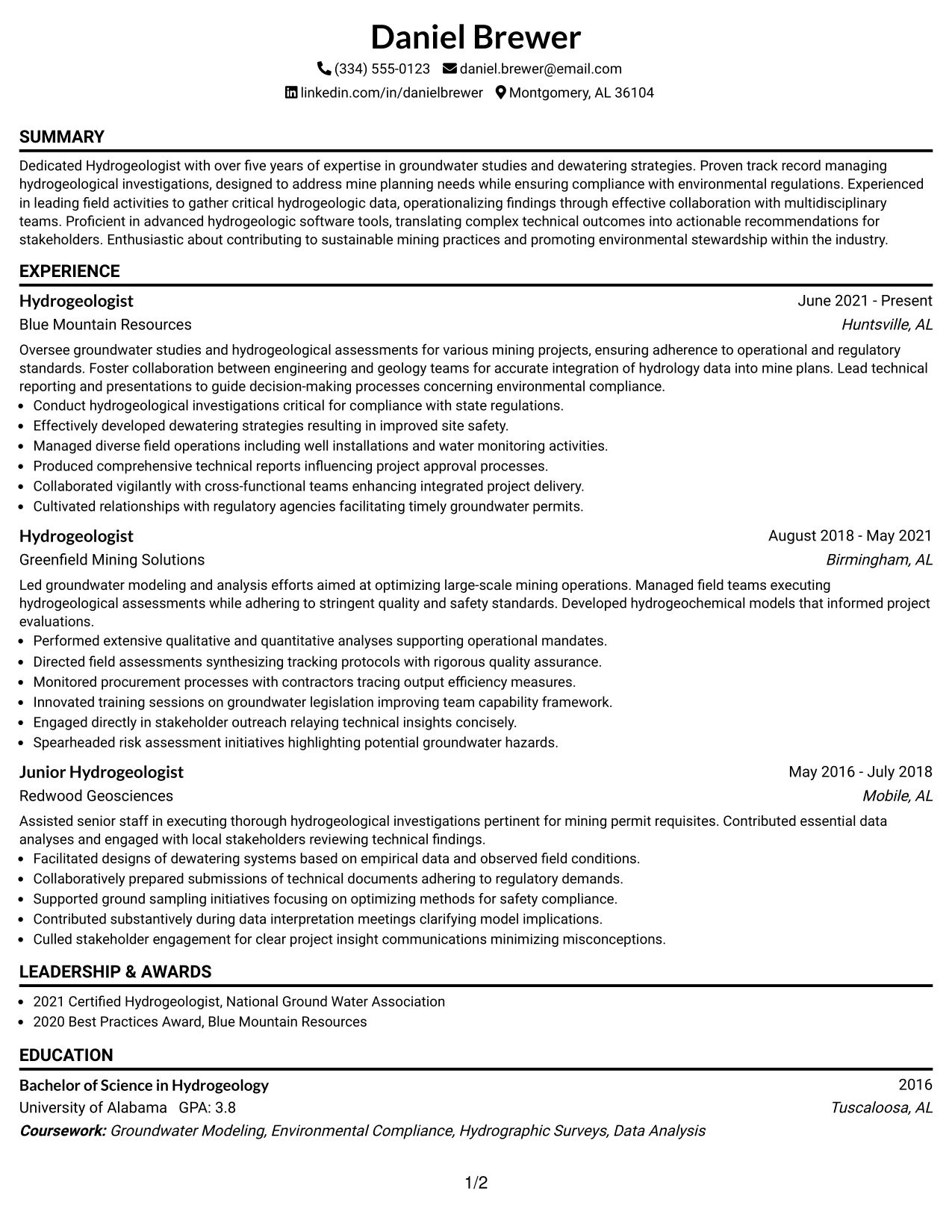 Resume Example Page 1
