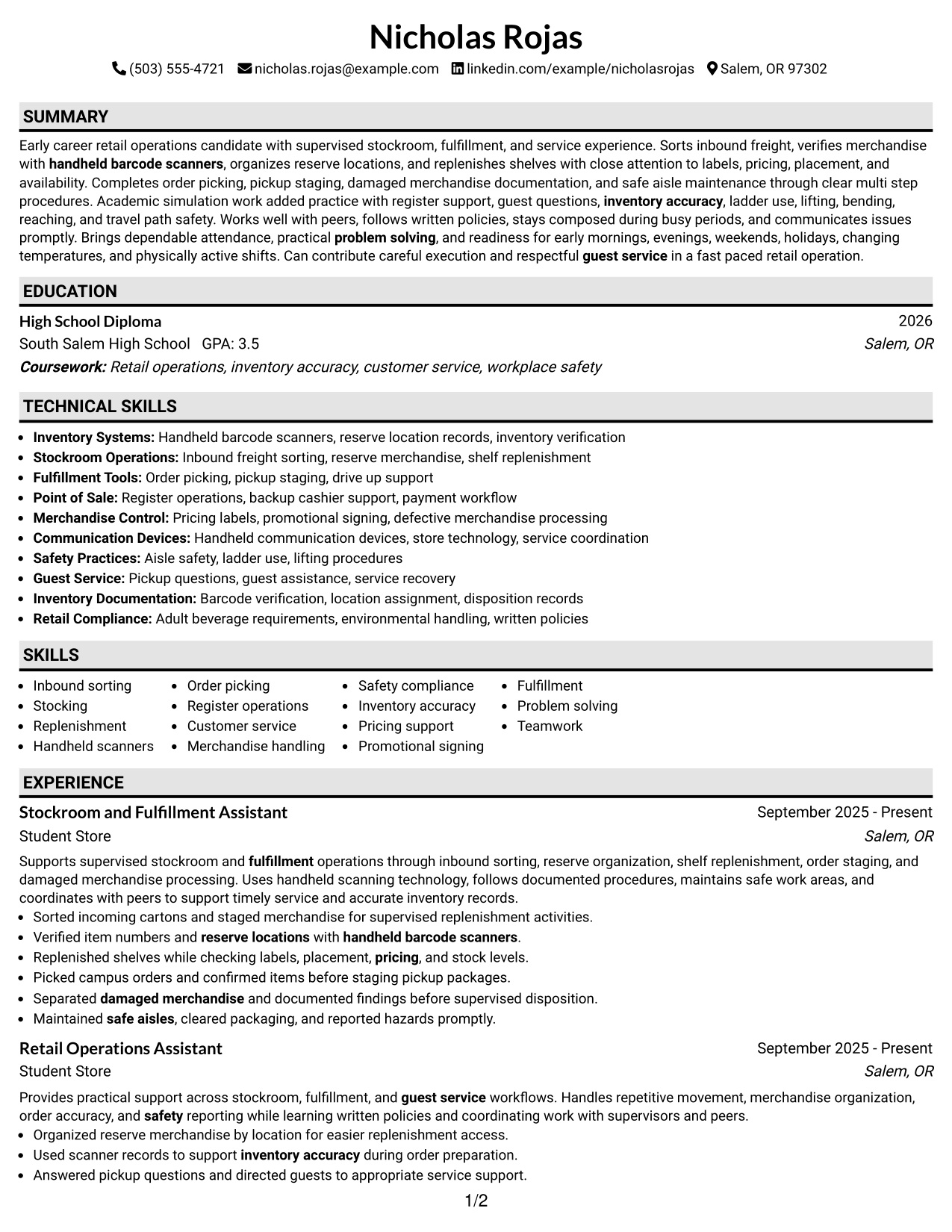 Resume Example Page 1