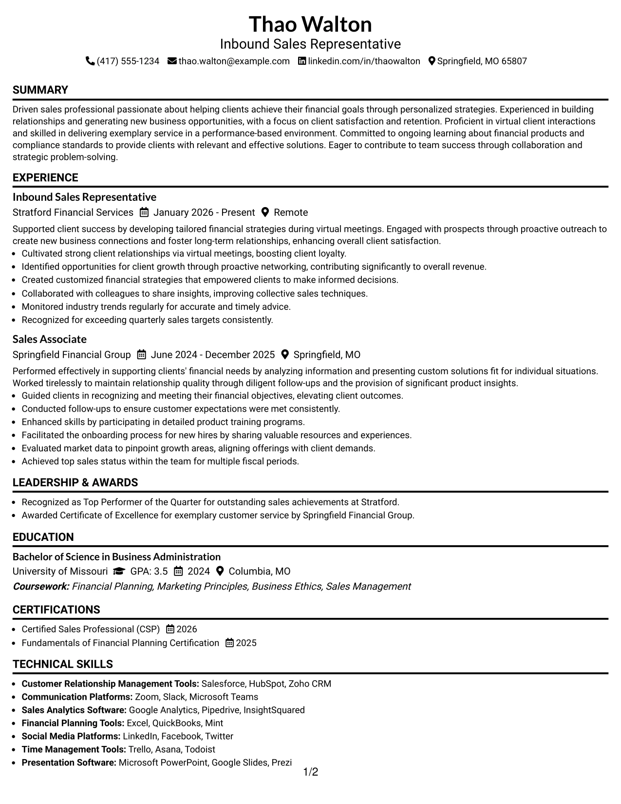 Resume Example Page 1