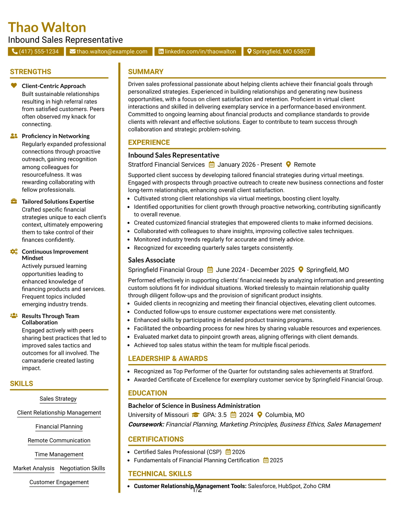 Resume Example Page 1