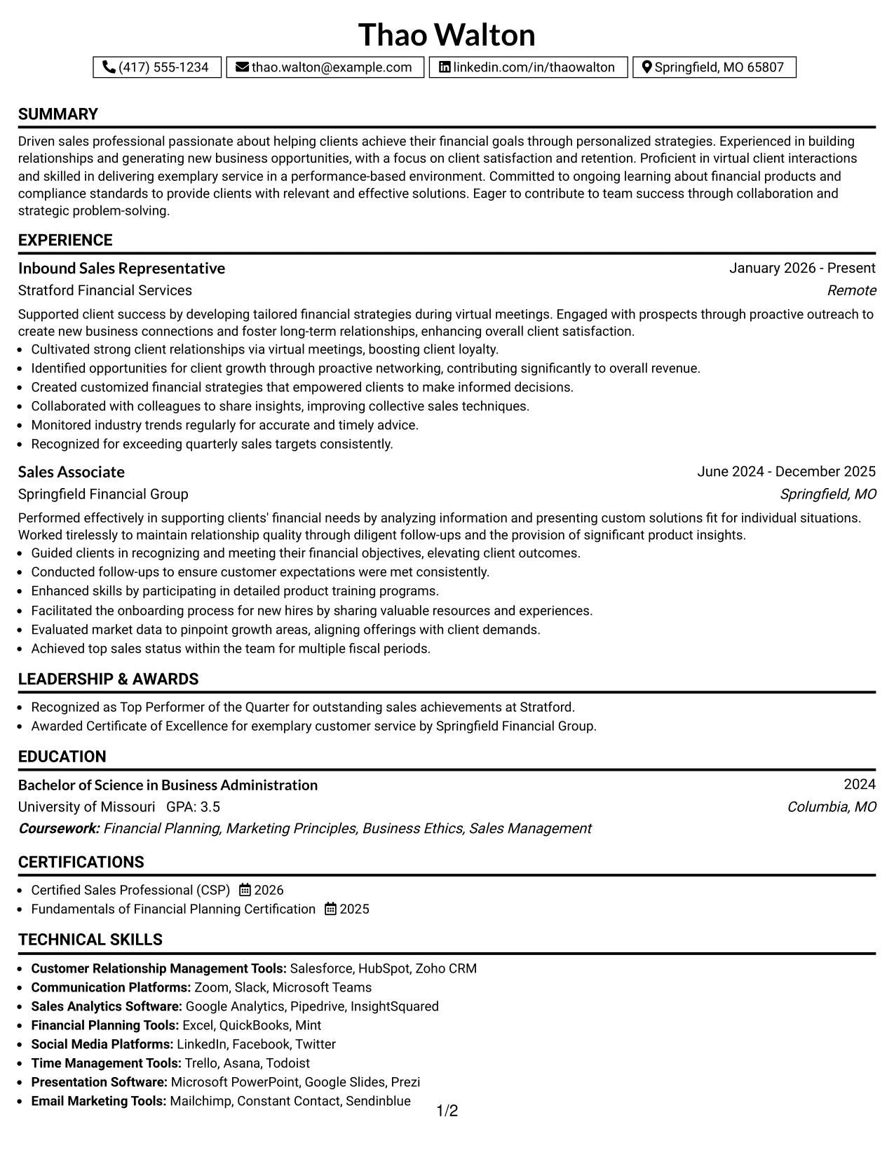 Resume Example Page 1