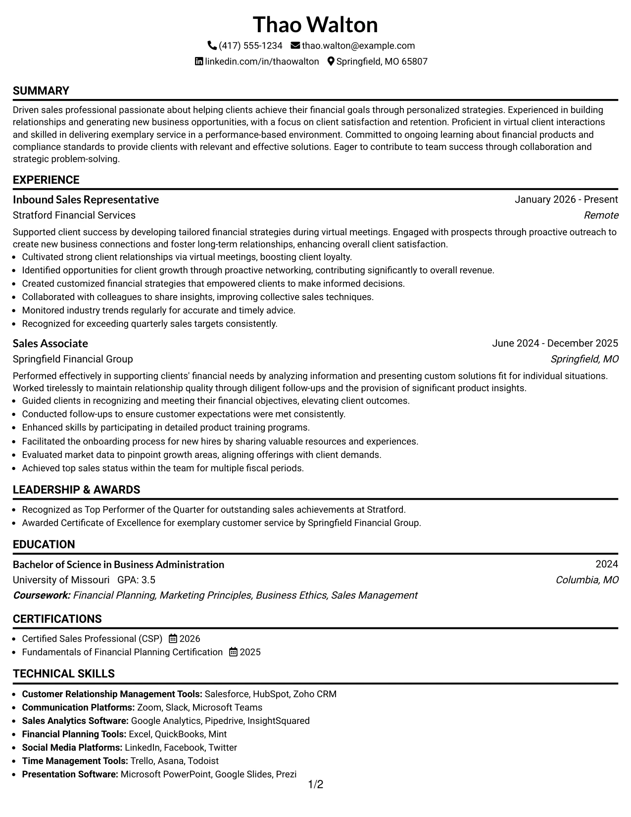 Resume Example Page 1