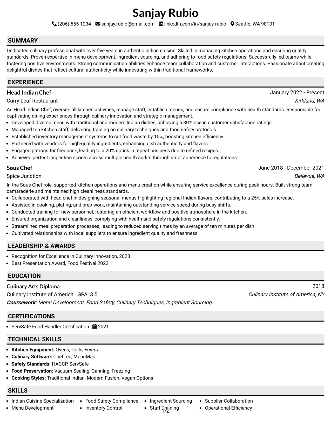 Resume Example Page 1