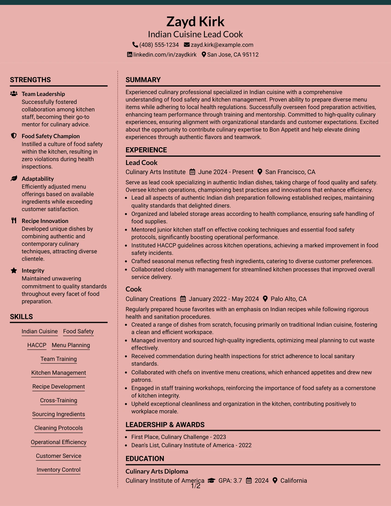 Resume Example Page 1