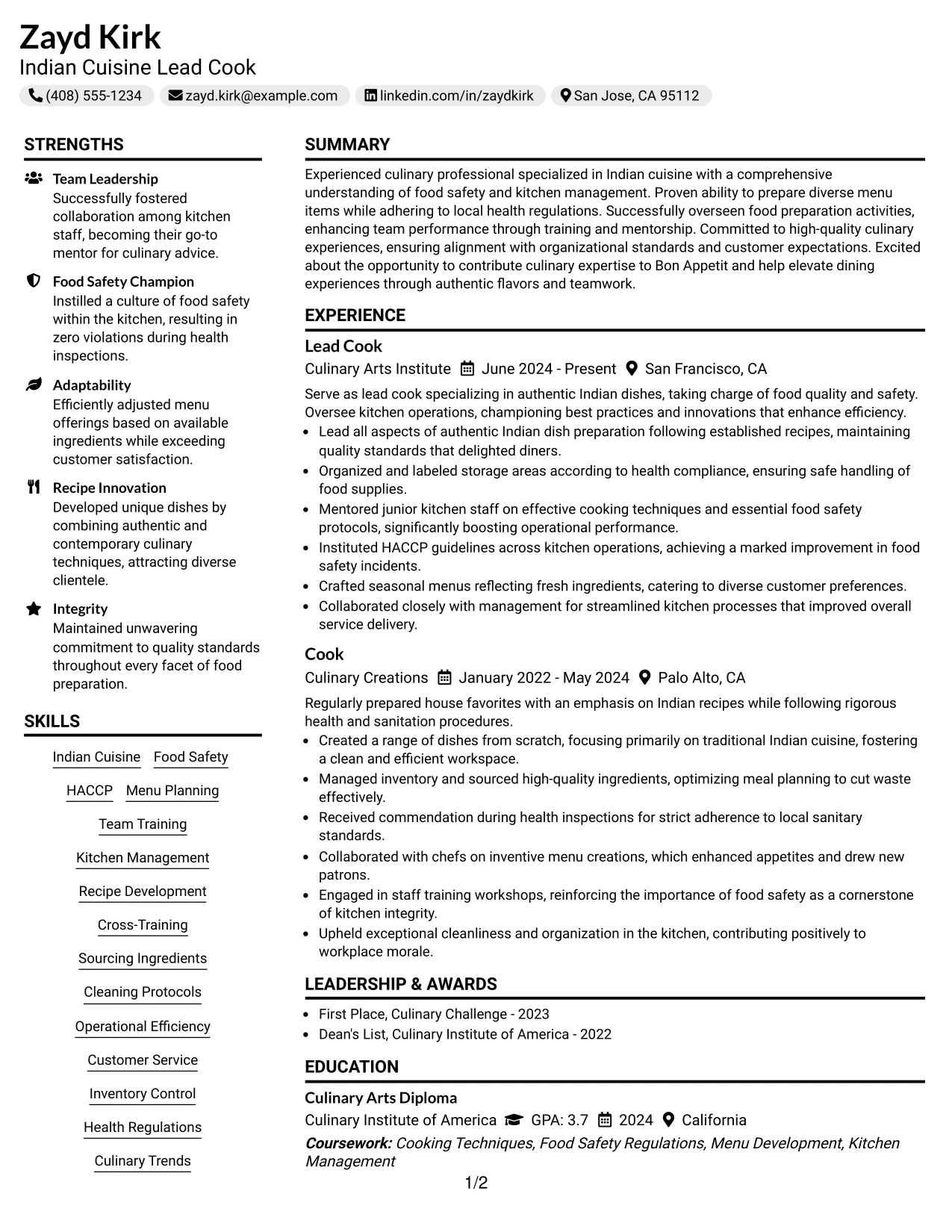 Resume Example Page 1