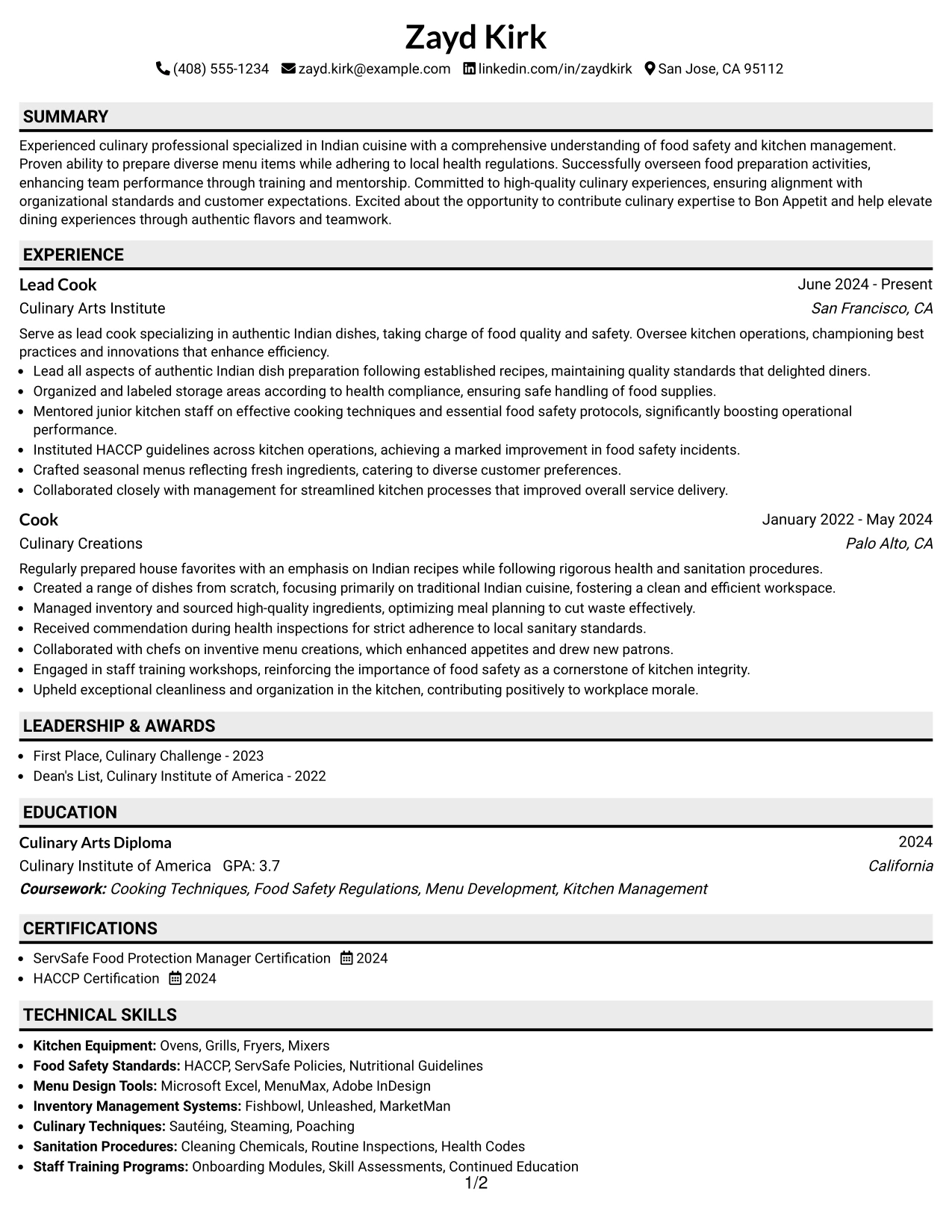 Resume Example Page 1
