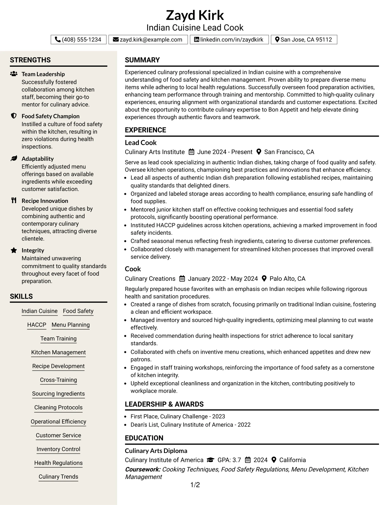 Resume Example Page 1