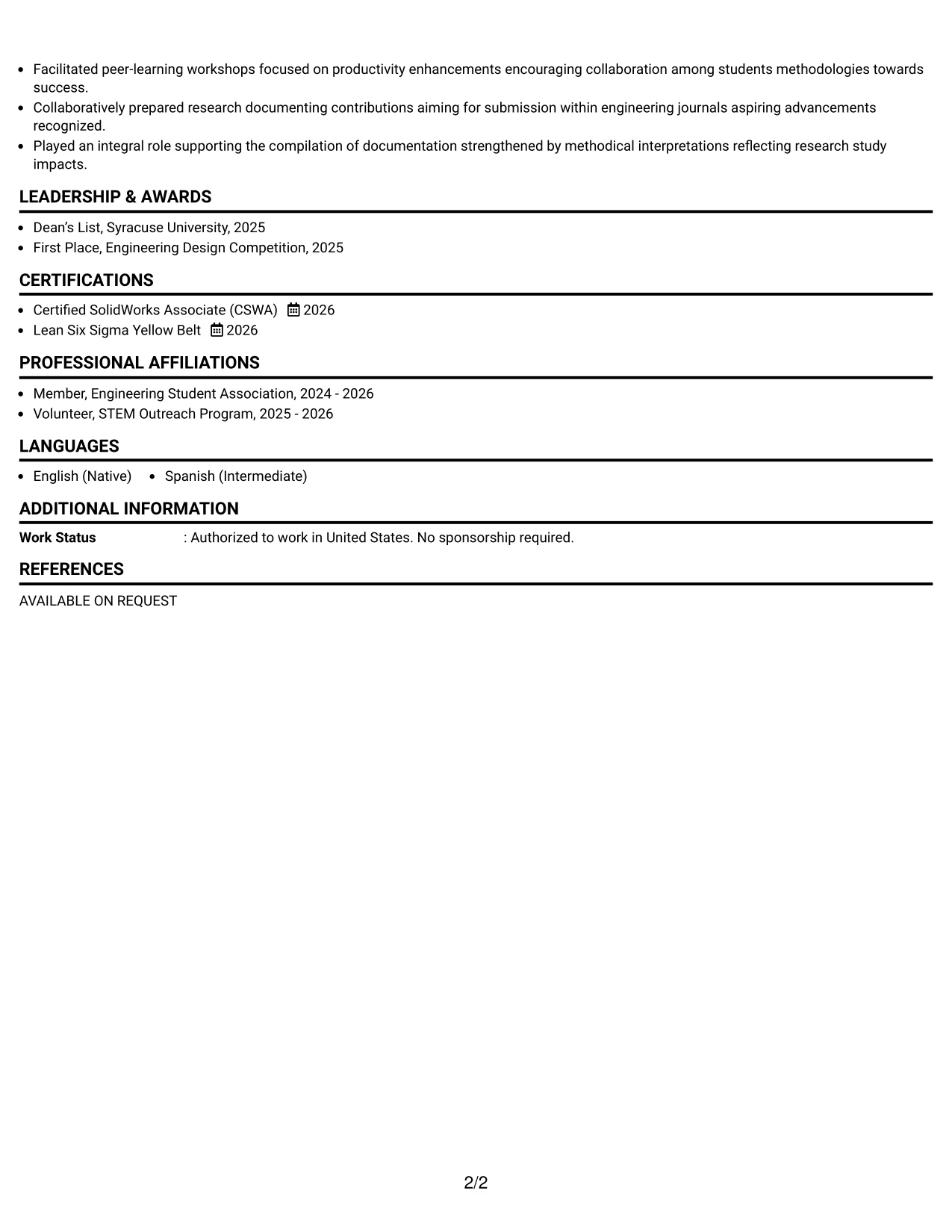 Resume Example Page 2