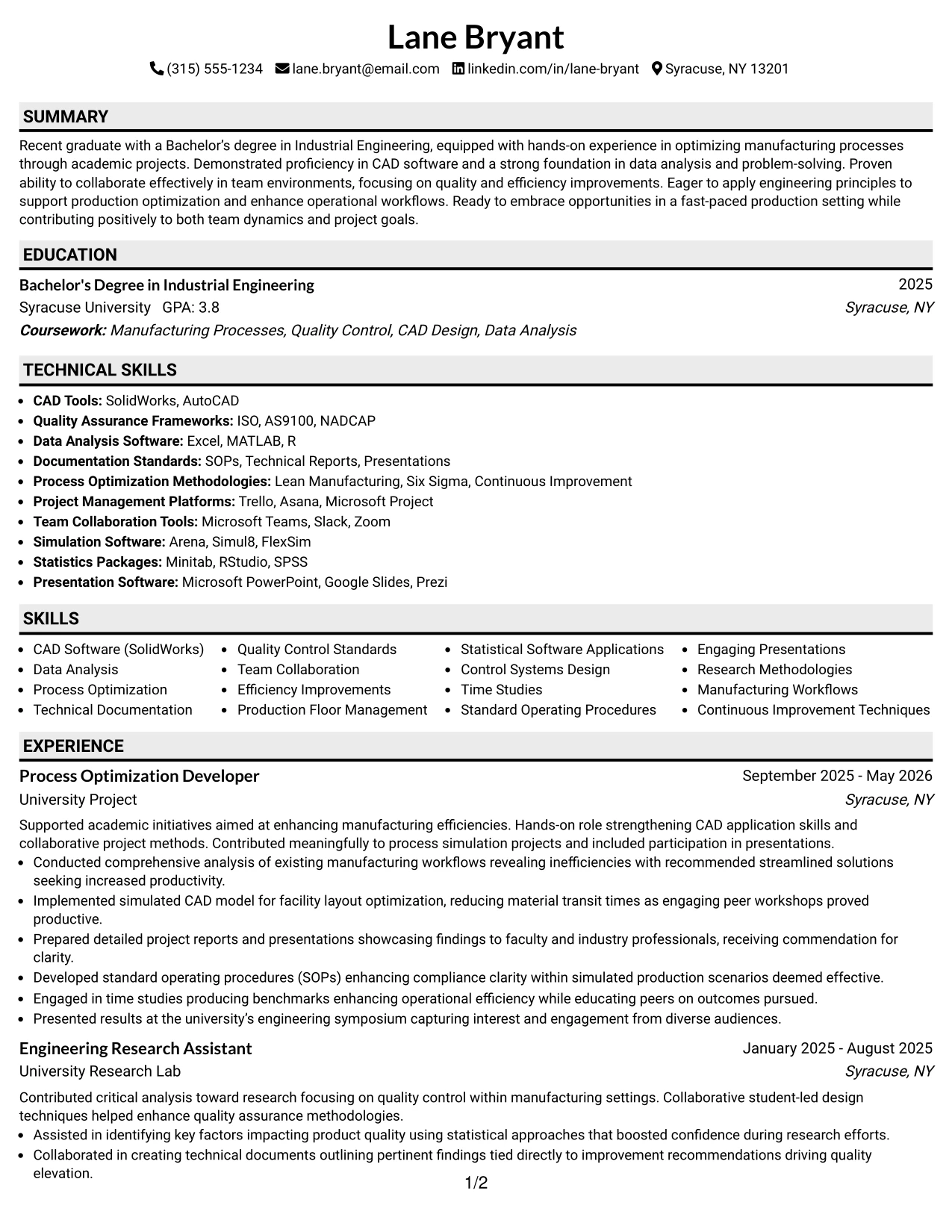 Resume Example Page 1