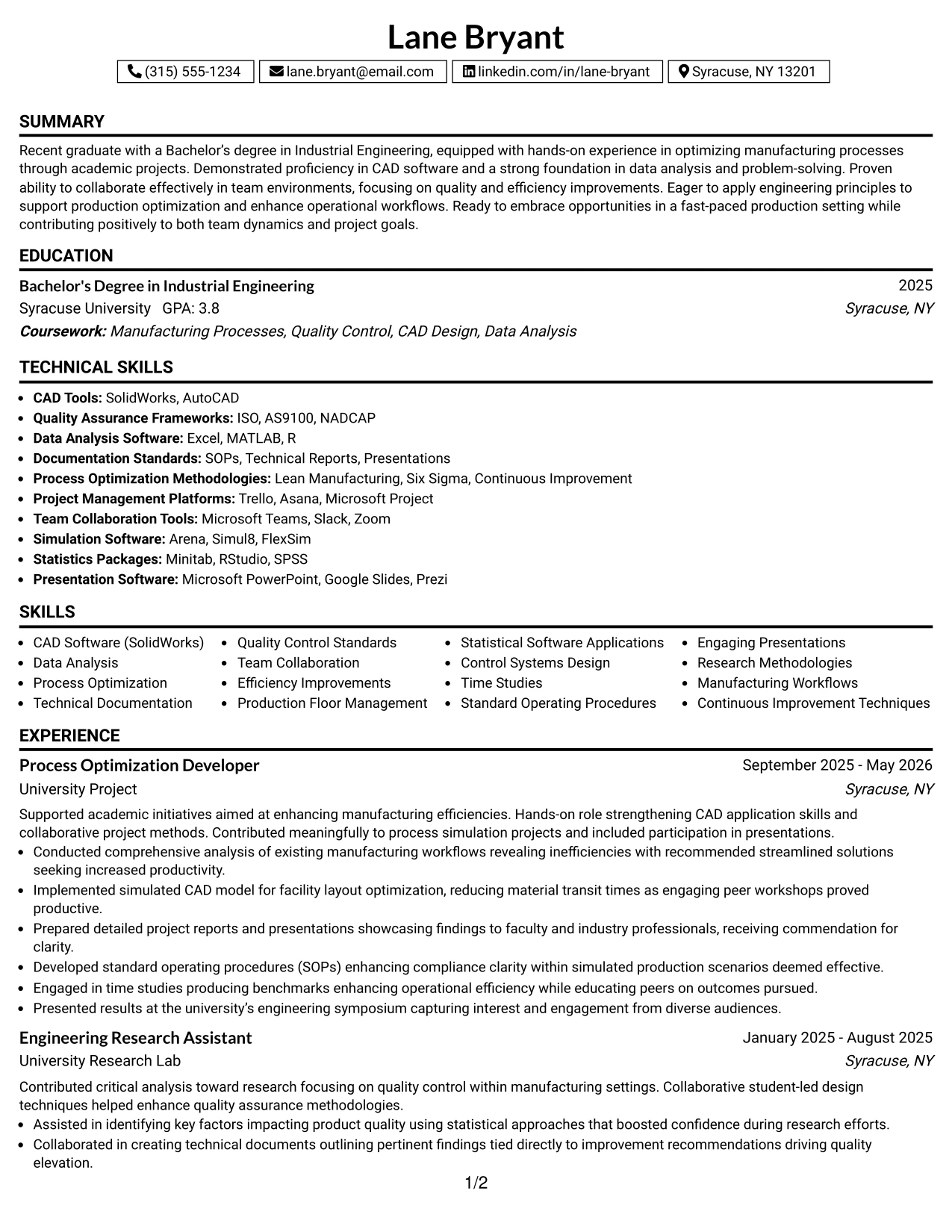 Resume Example Page 1
