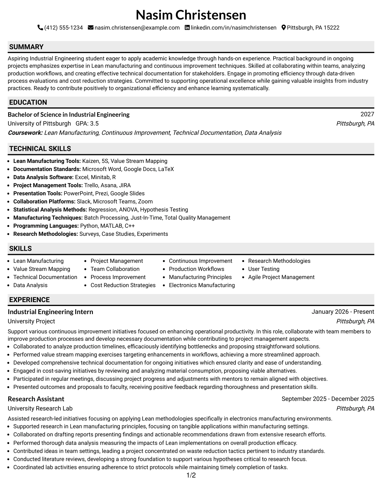 Resume Example Page 1