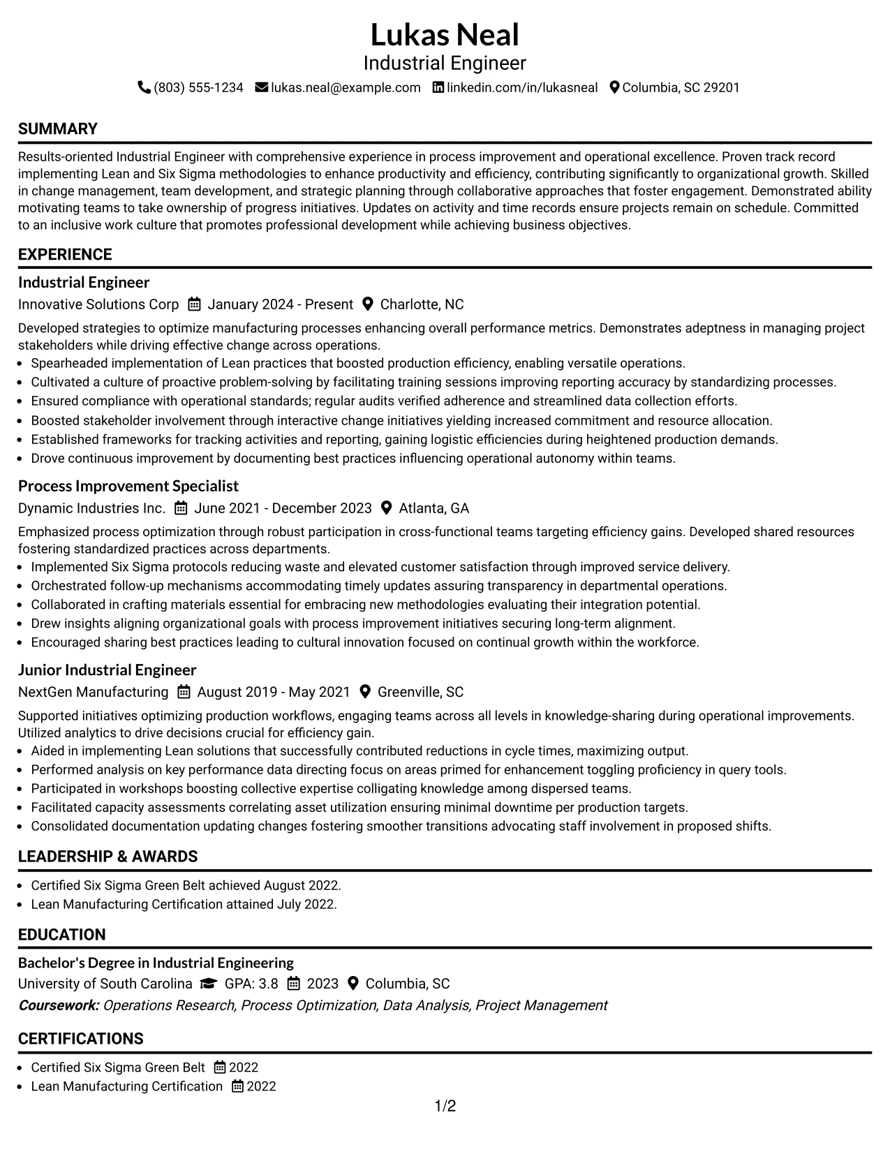 Resume Example Page 1
