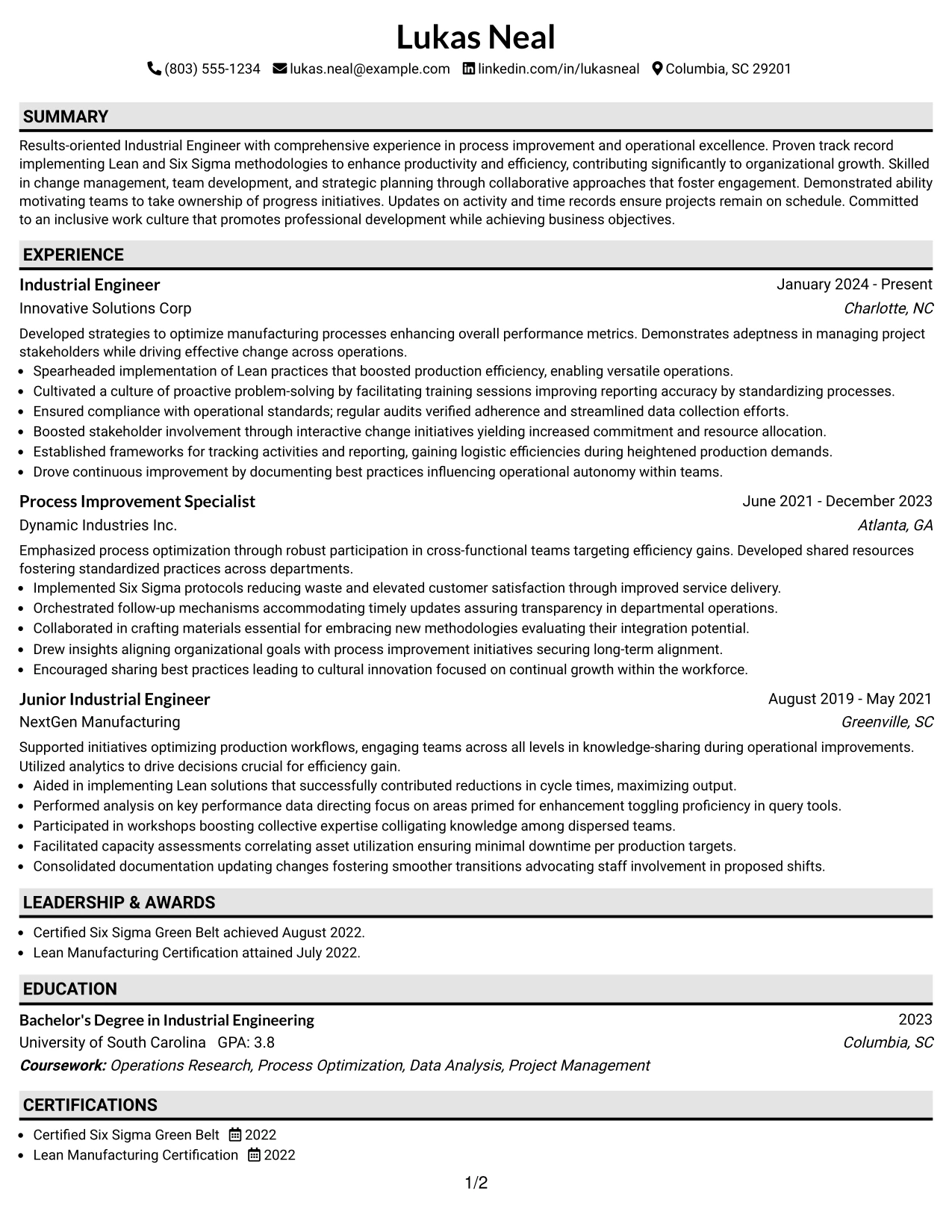 Resume Example Page 1