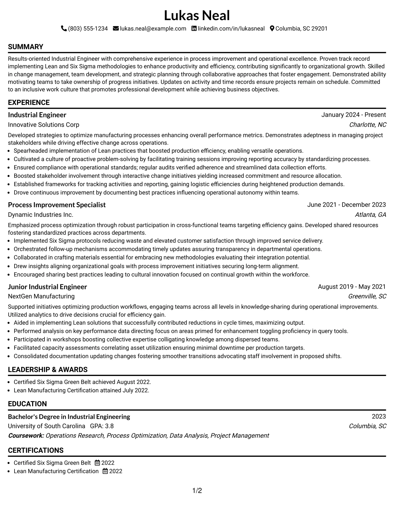 Resume Example Page 1