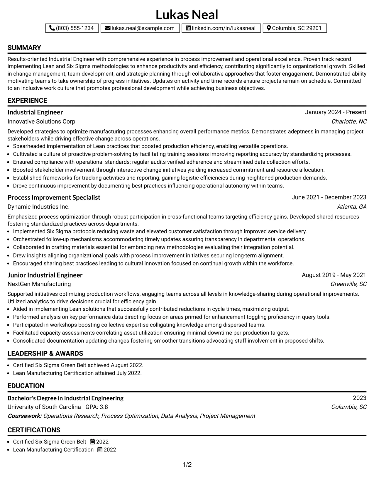 Resume Example Page 1