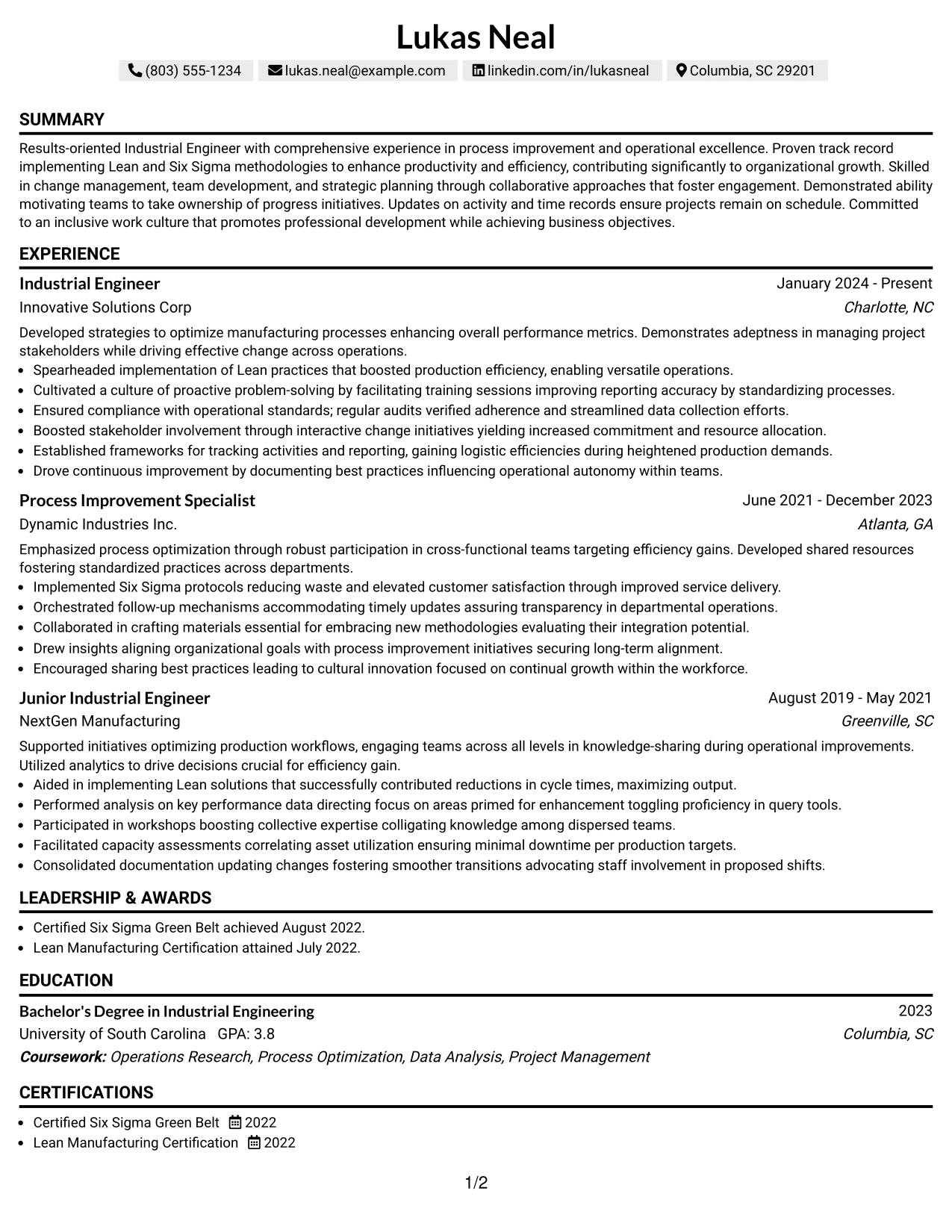Resume Example Page 1