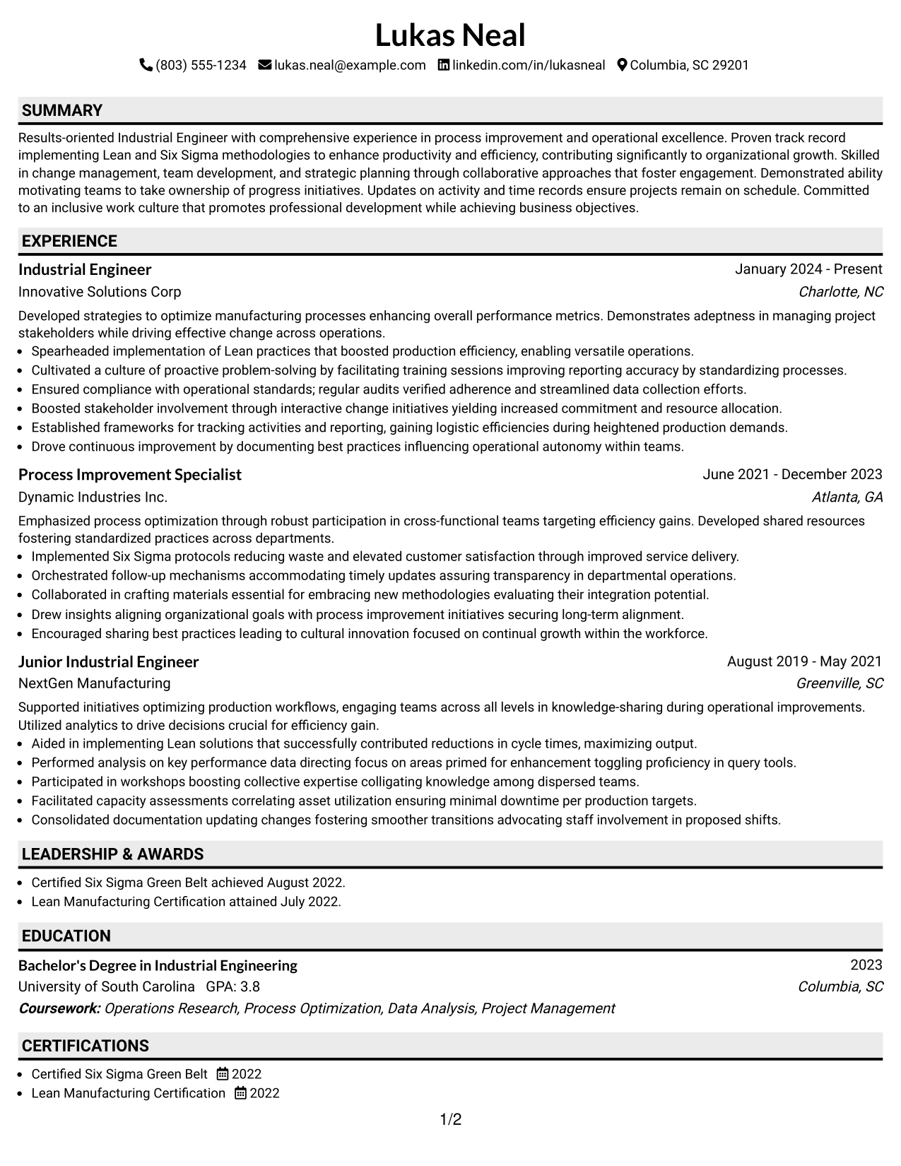 Resume Example Page 1
