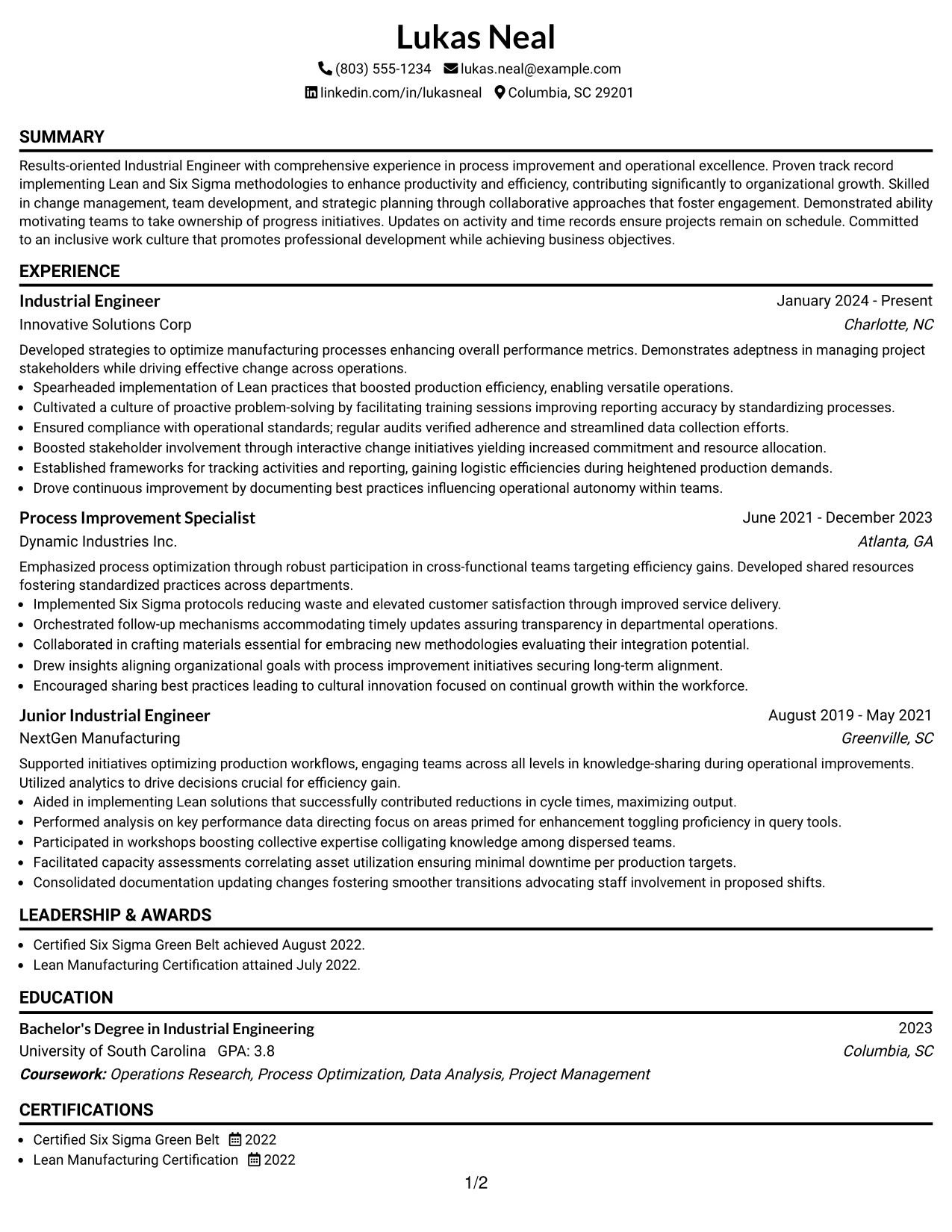 Resume Example Page 1