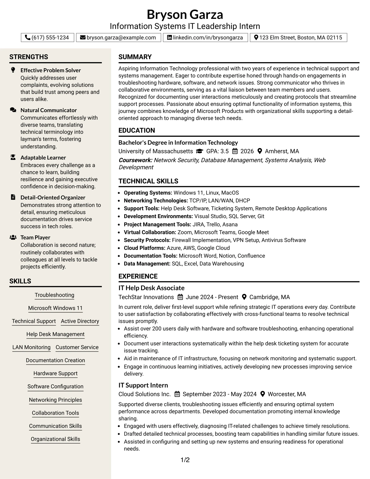Resume Example Page 1