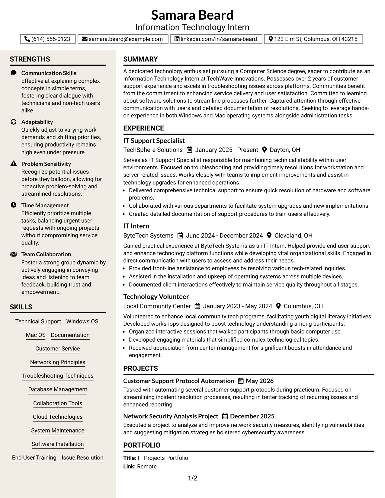 Resume Example Page 1