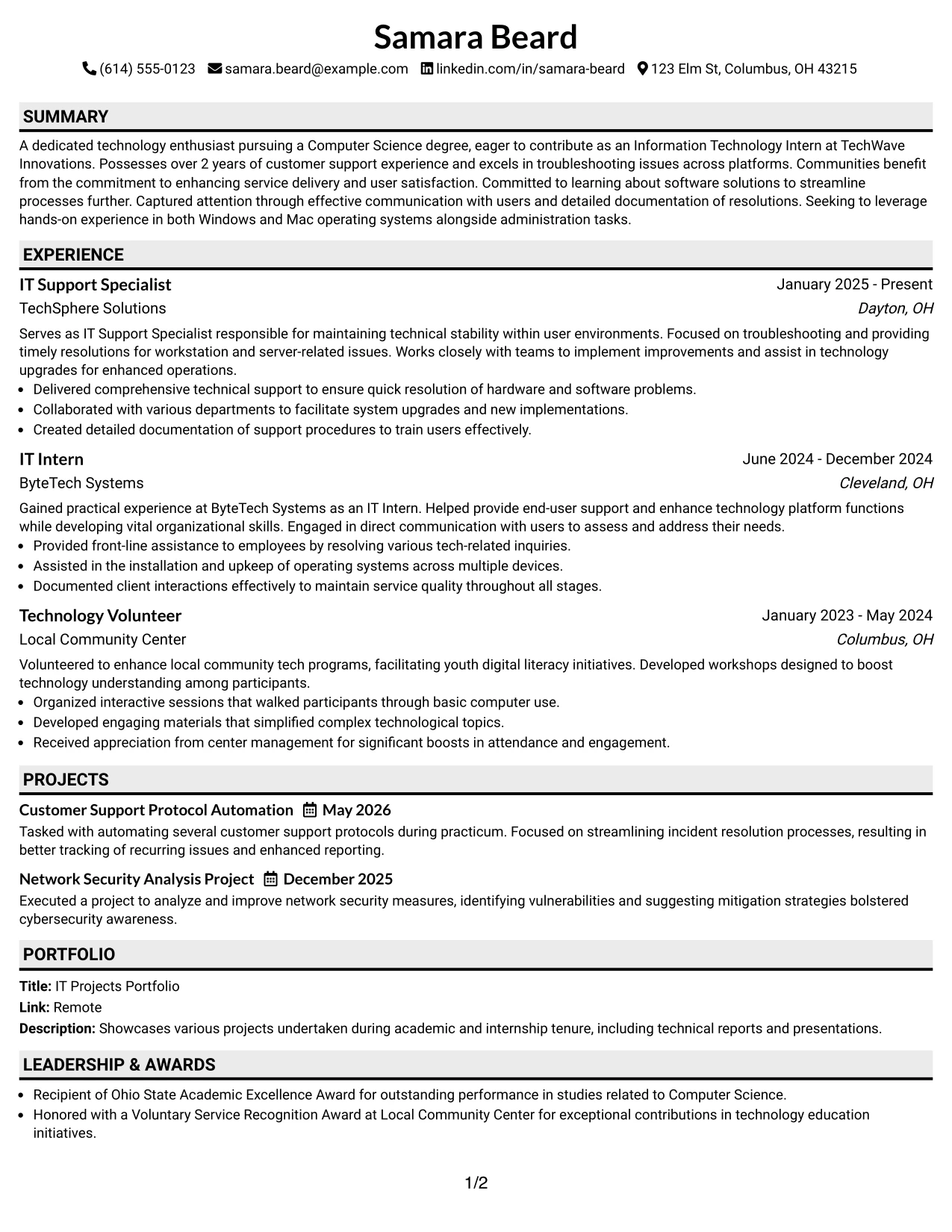 Resume Example Page 1