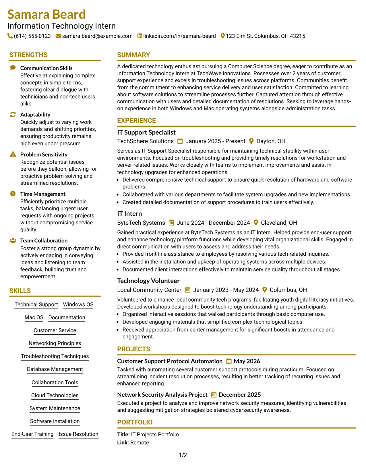 Resume Example Page 1