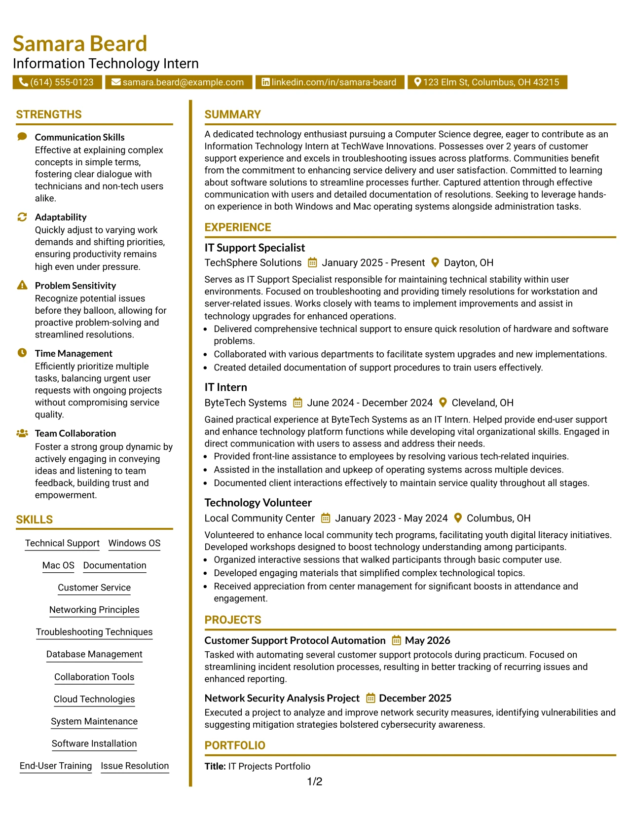 Resume Example Page 1
