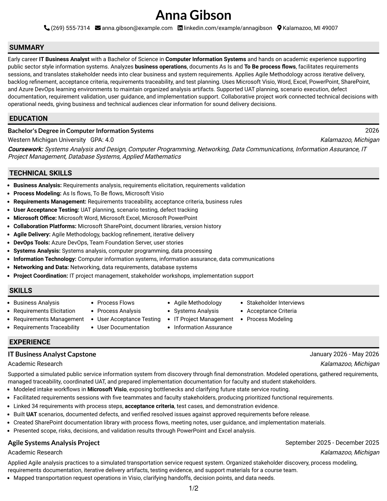 Resume Example Page 1